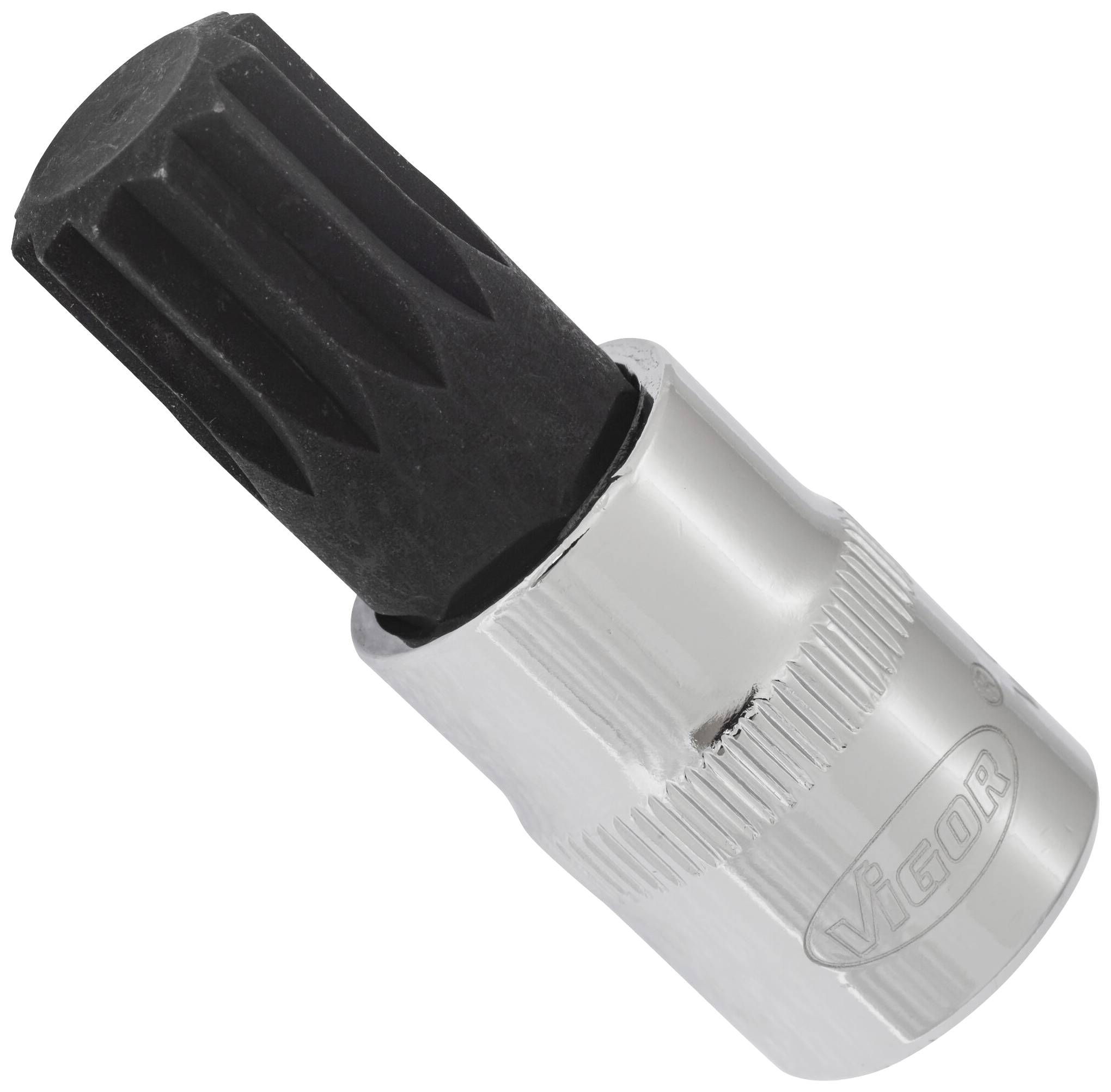 Bit attachment with a black, ribbed head and silver handle. 'Vigor' marking on the handle. Tool for screw-related work.