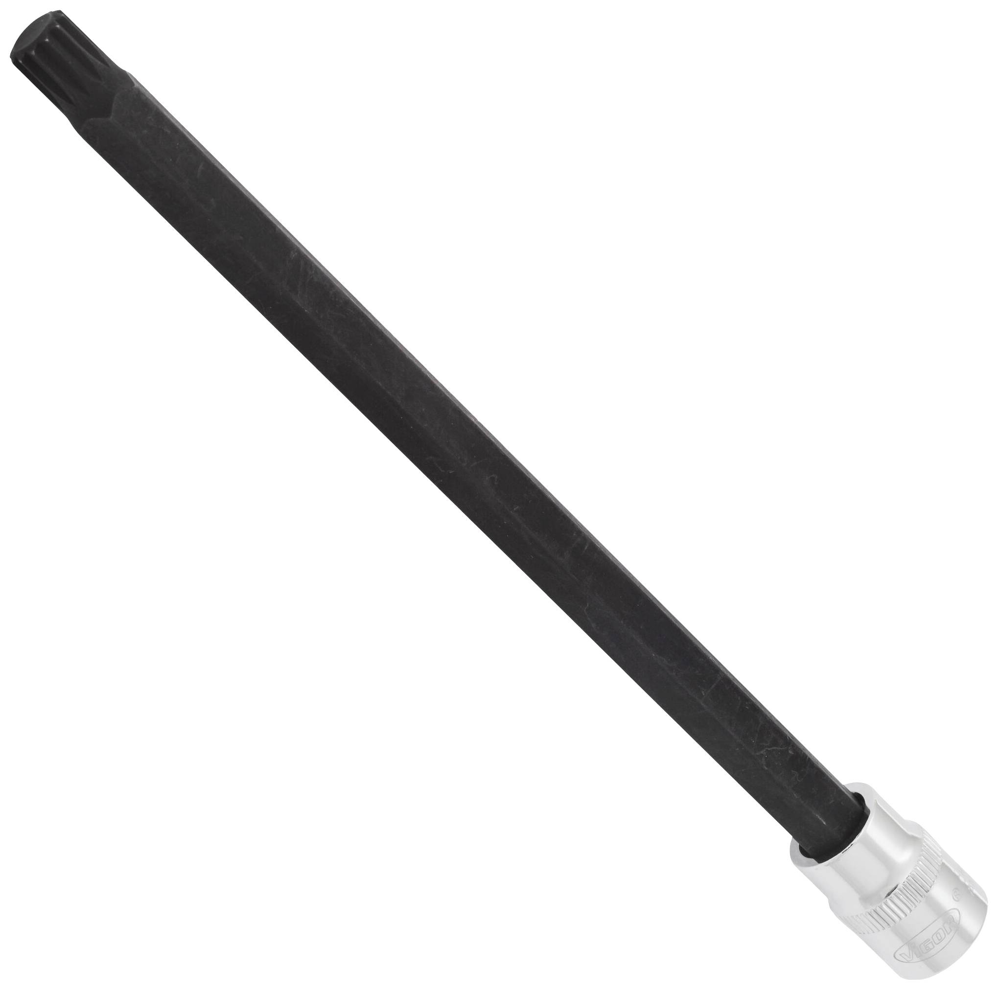 A long, black tool with a silver connection, resembling a screwdriver bit, shown at an angle on a white background.