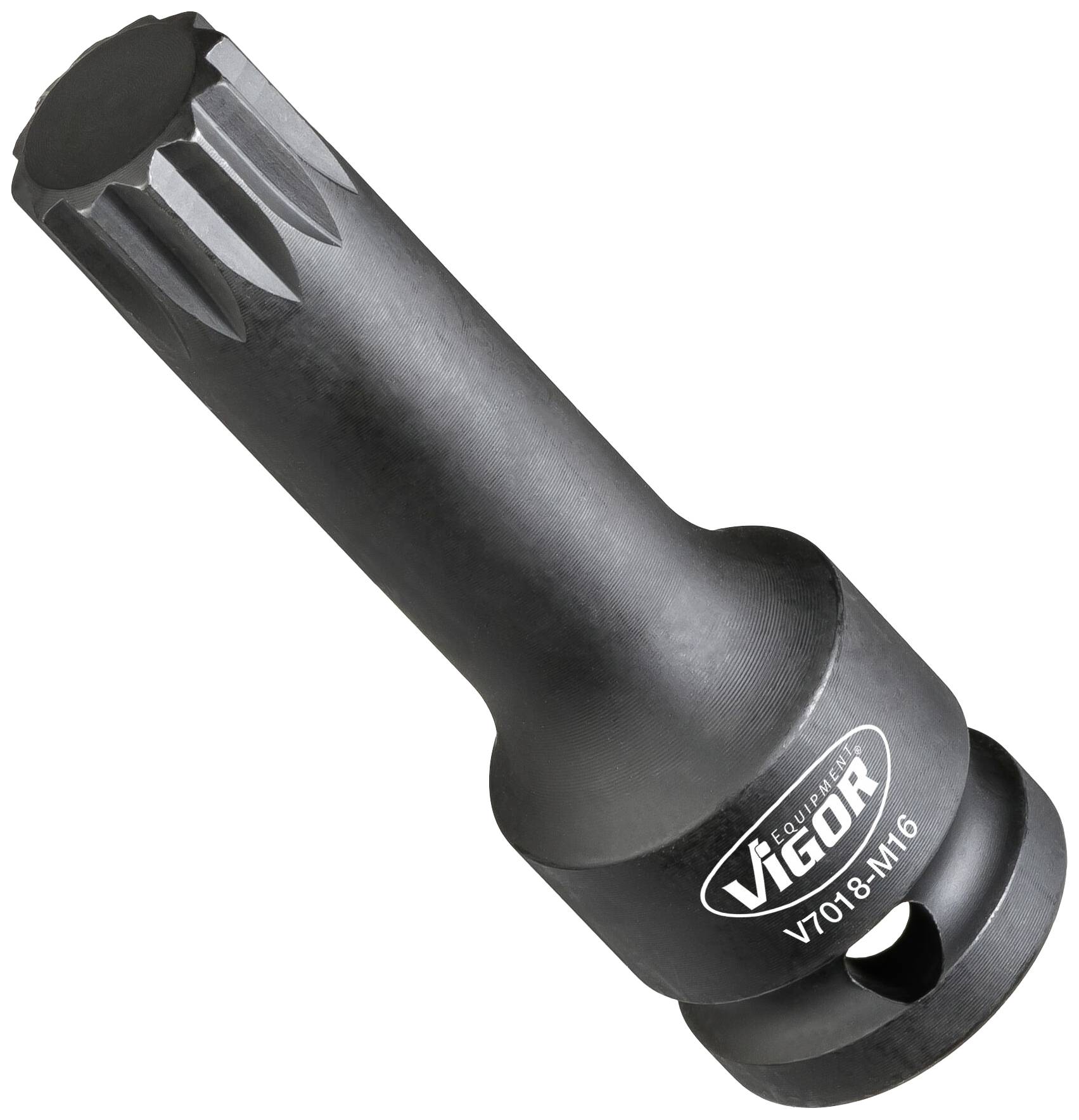 Black-coated socket wrench with multi-grooved head, marked with 'Vigor V7018-M16'. Ideal for precise screw application.