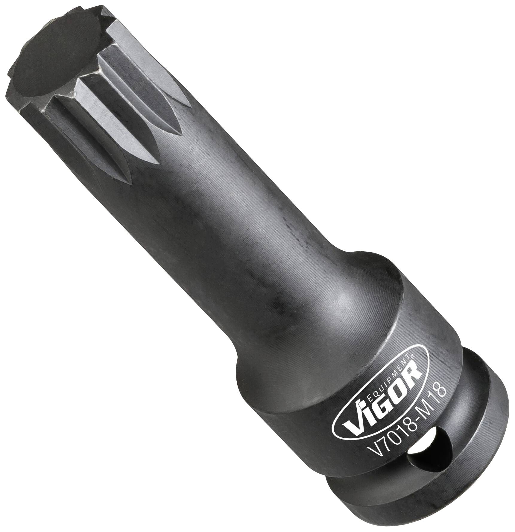 A black tool attachment with a V-shaped profile and the inscription 'Vigor V7018-M18', likely for specialised screw-related tasks.