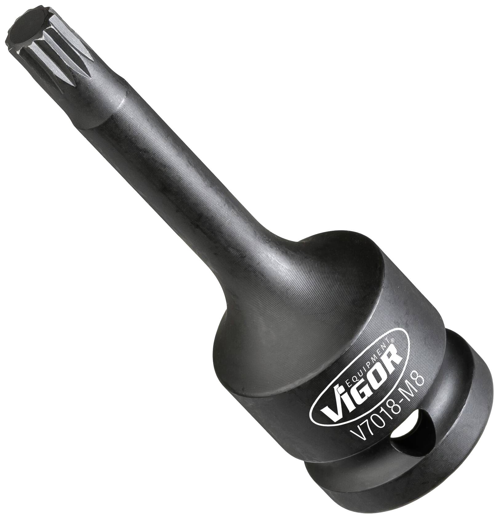 Black screwdriver bit extension by Vigor, marked with 'V7018-M8'.