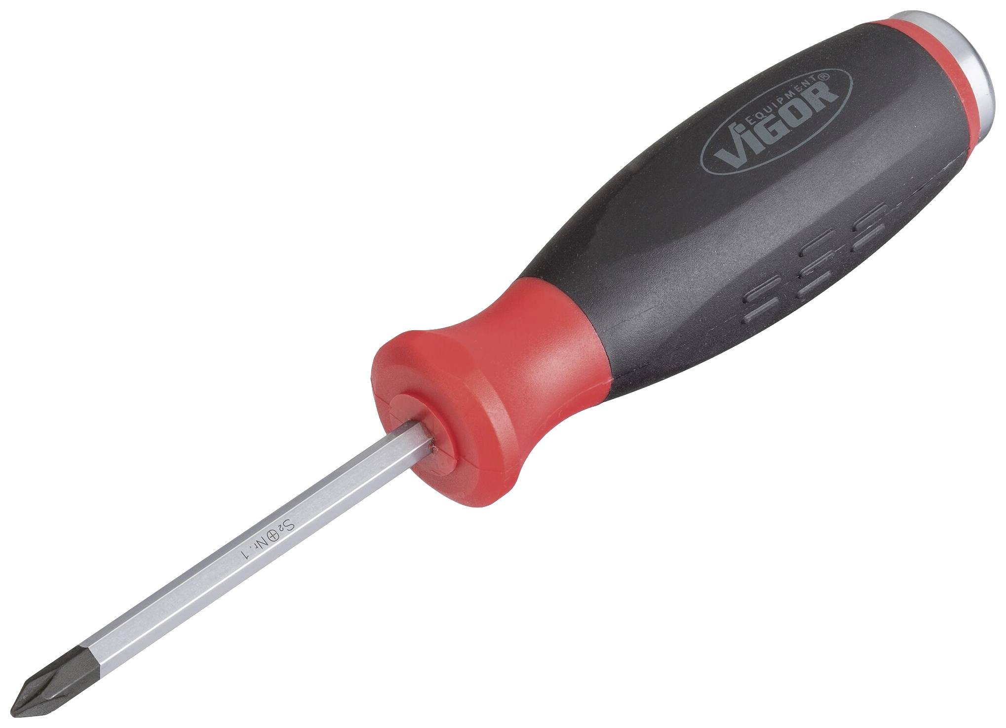 Crosshead screwdriver with a black handle and red ring, positioned sideways.