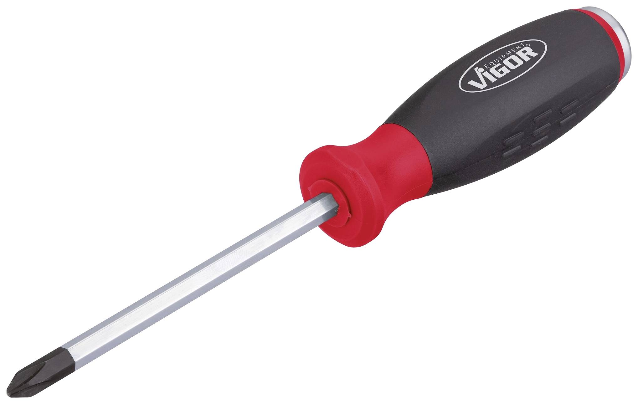 Phillips screwdriver with a black handle and red accent, brand 'Vigor', on a white background.