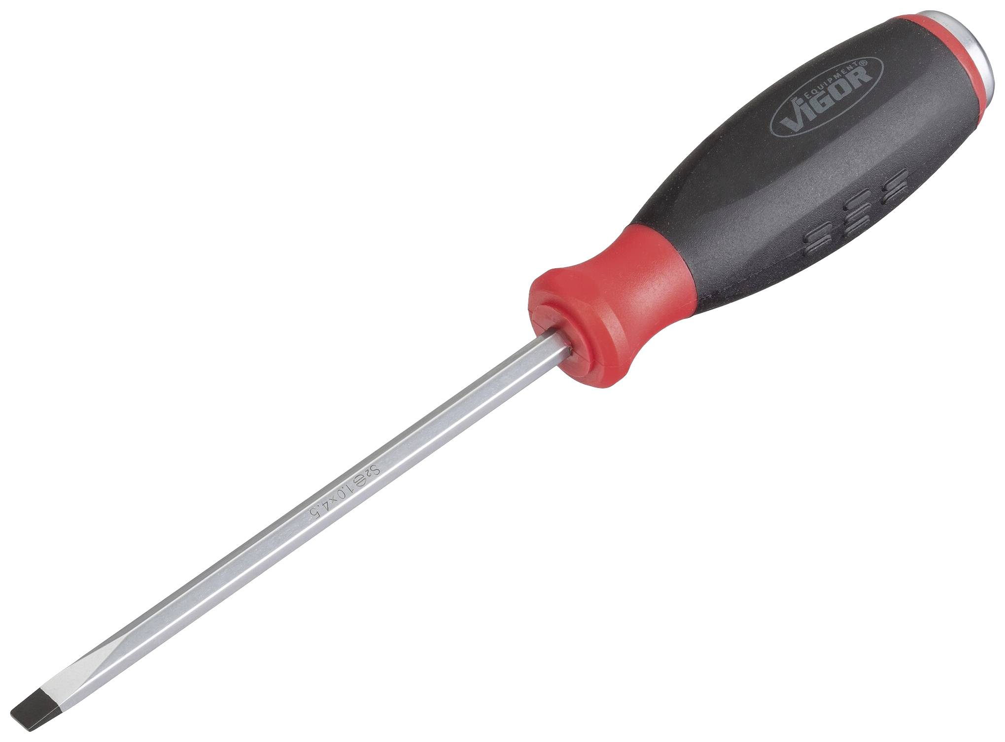 Flat-head screwdriver with a red and black handle and a silver blade.