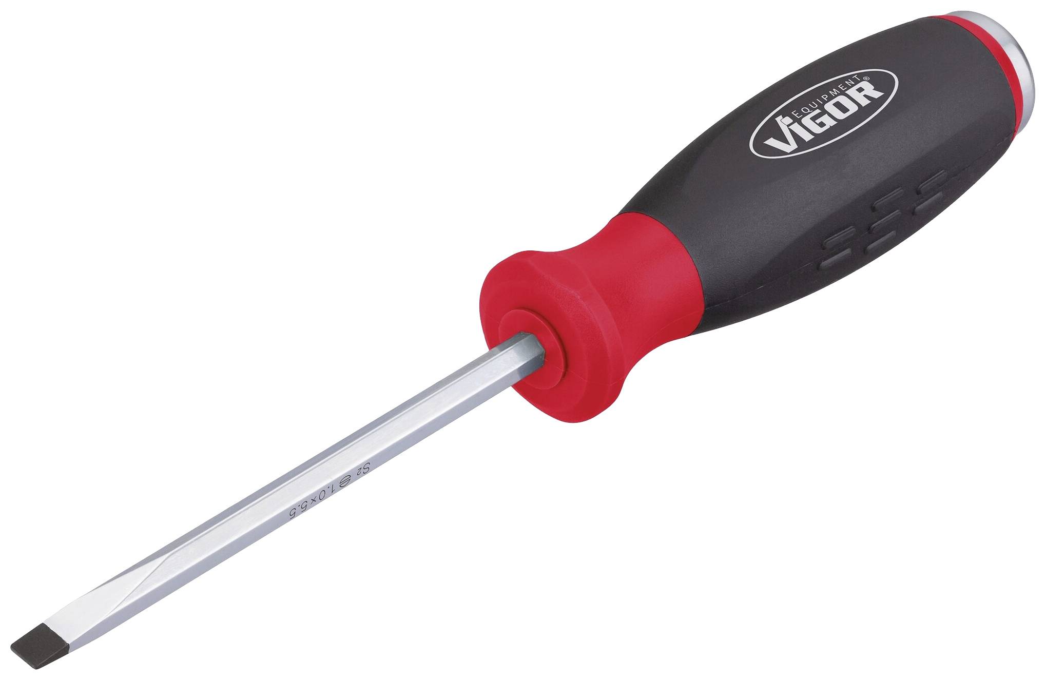 A screwdriver with a red and black handle, embossed with 'VIGOR'.