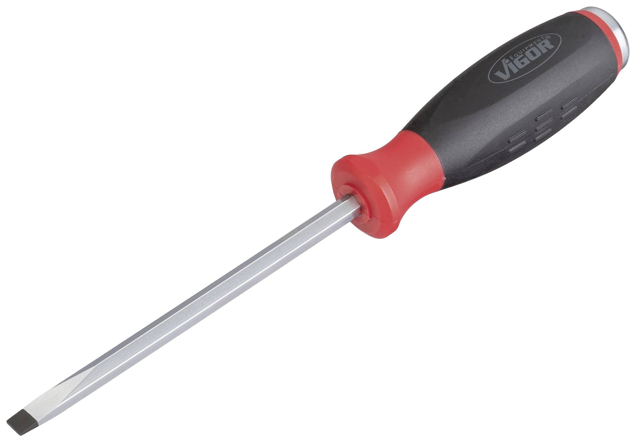 Flat-head screwdriver with a black handle and red trim, suitable for standard screws.
