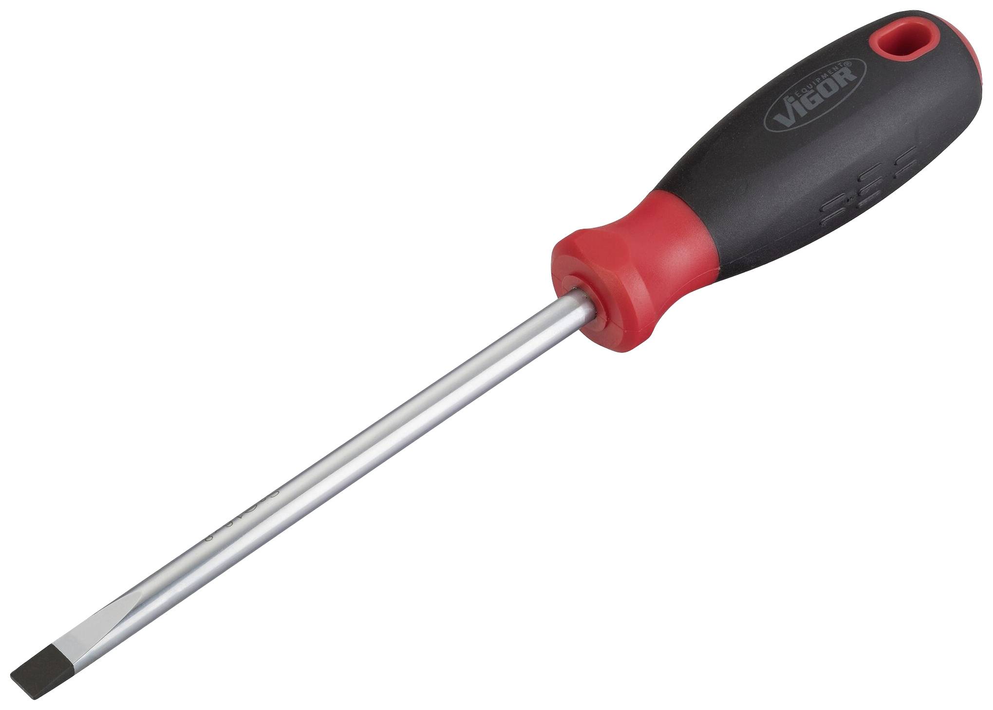 Flat-head screwdriver with a black handle, red detail, and silver tip, suitable for slotted screw heads.