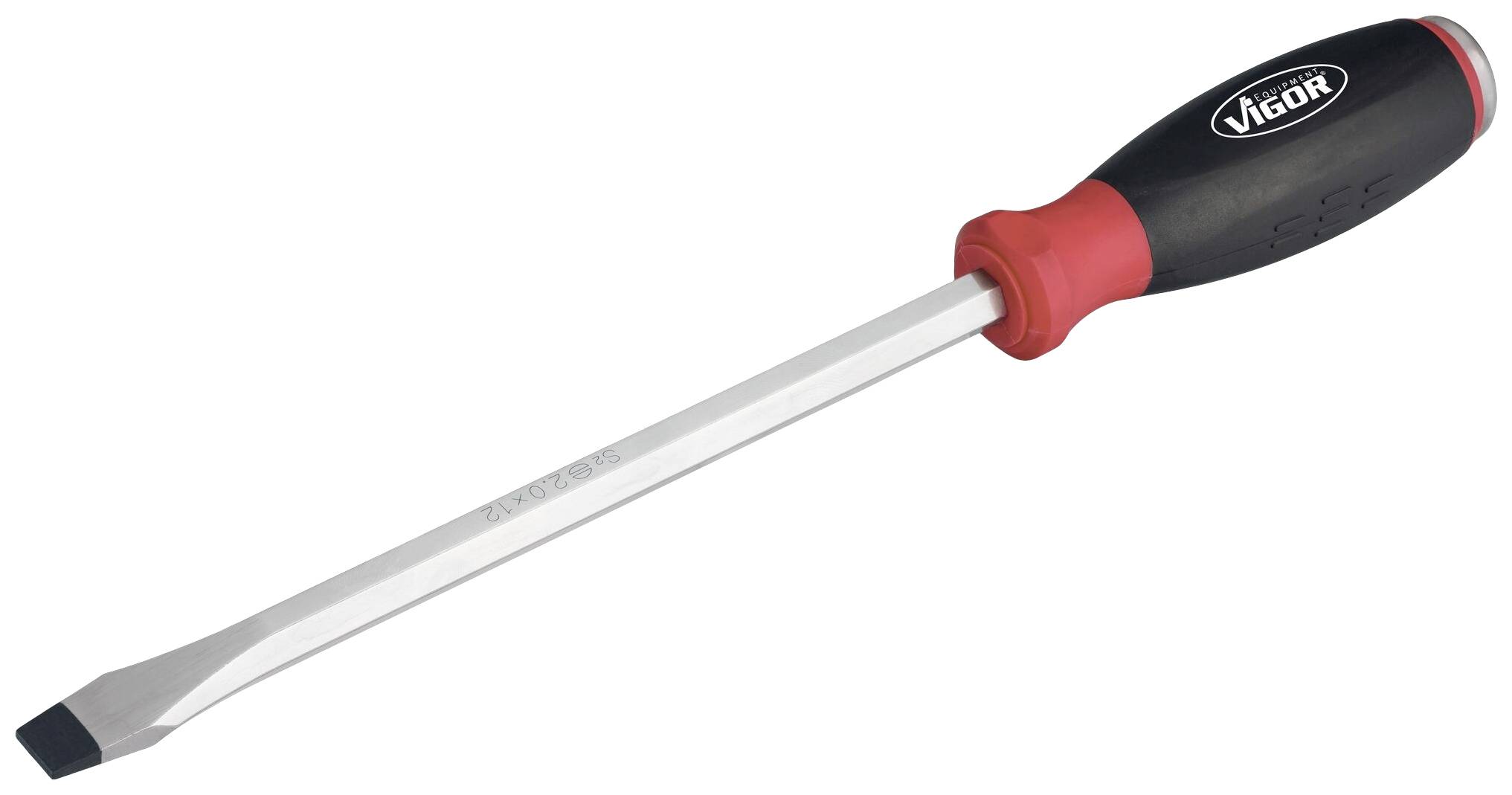 Flat-head screwdriver with red and black handle, suitable for slotted screws.