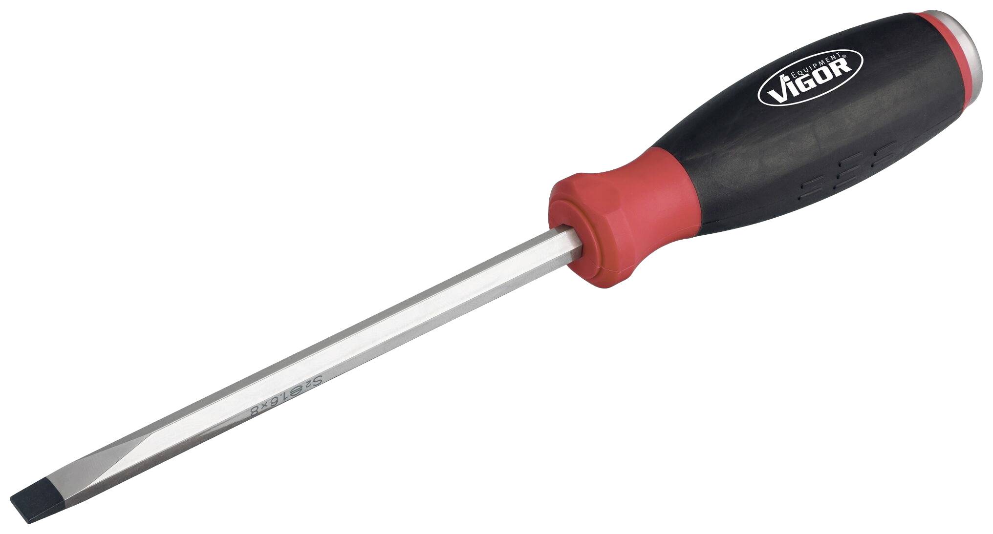 A flathead screwdriver with a flat blade and red, ergonomic handle, suitable for general screw-related tasks.