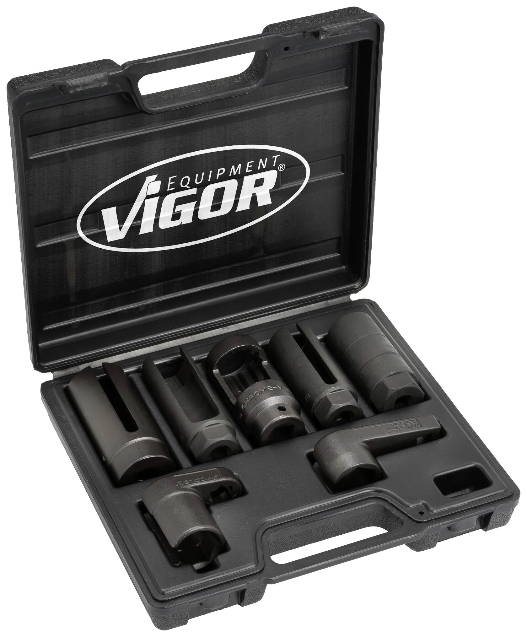 An open toolbox contains multiple socket tool attachments of various sizes and shapes, with the 'VIGOR' logo inside.