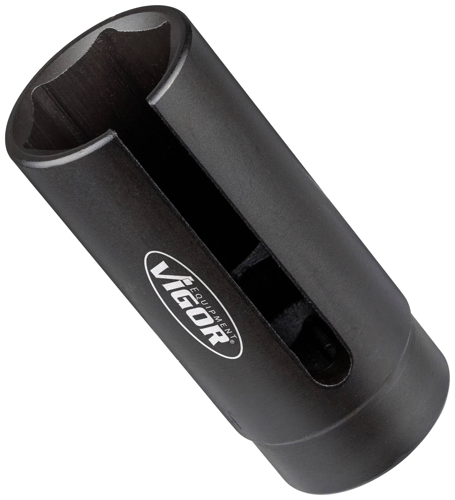 'Black VIGOR socket, slender cylindrical form with side opening, suitable for mechanical applications.'Note: This translation is in British English, maintaining the technical terminology and original meaning of the German text.