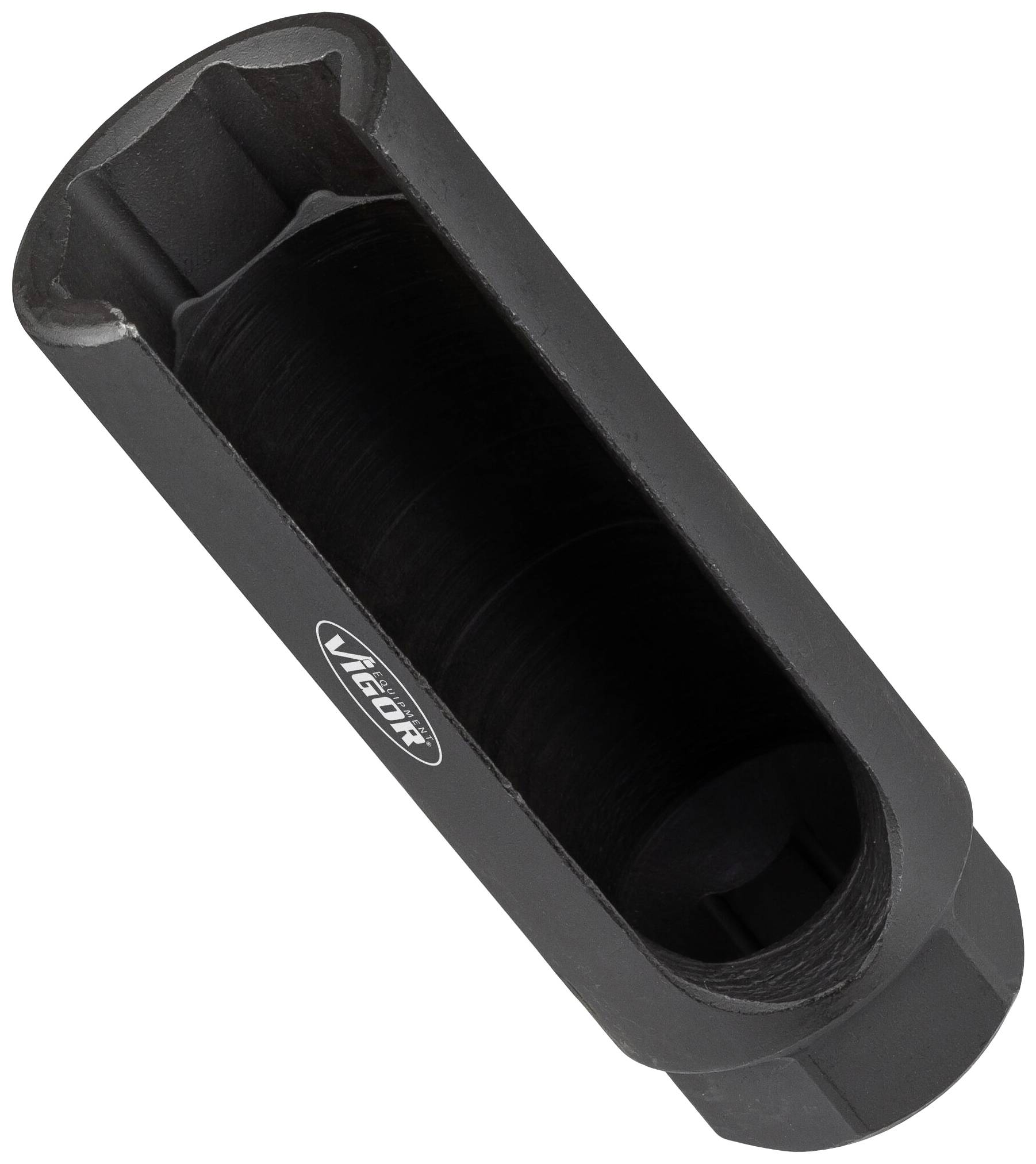A black tool, probably a specialised key with a hexagonal cut-out, likely for spark plug removal.