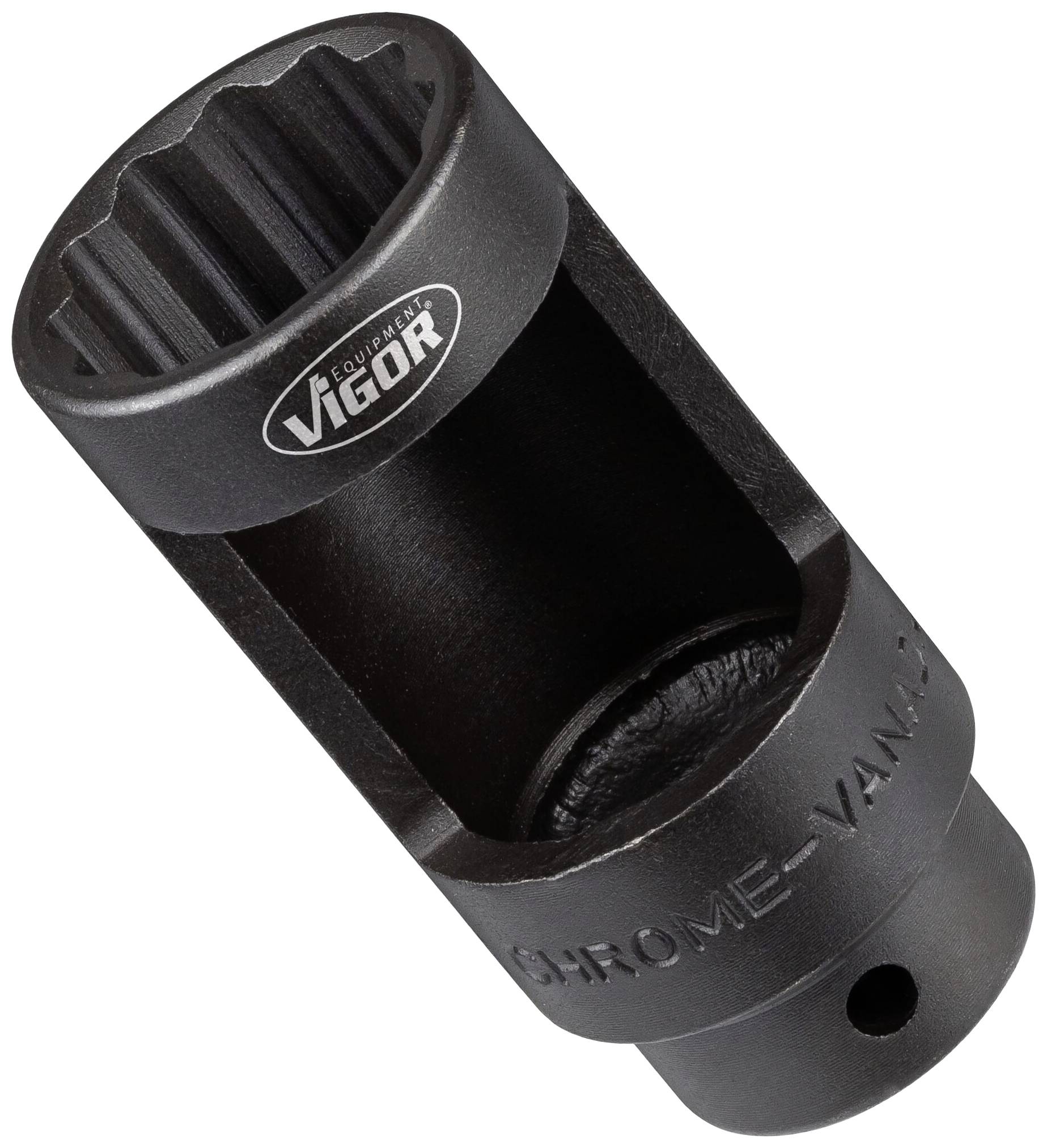 A black socket with marking 'Chrome Vanadium' and 'Vigor'. It has a large, ribbed interior, suitable for screws.