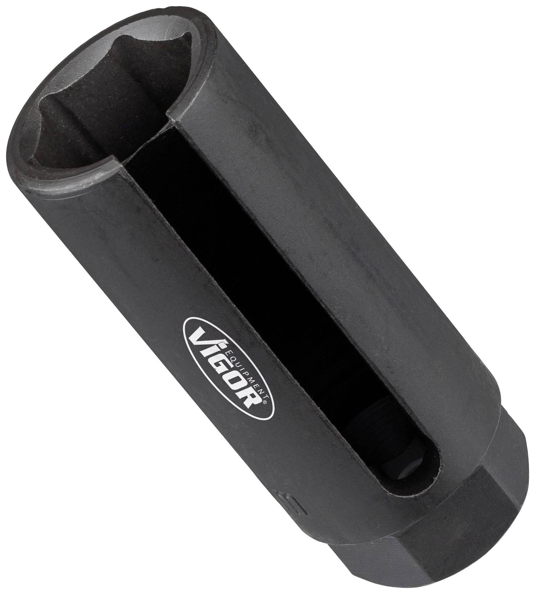 A black, hexagonal injector nozzle nut with a slot and 'VIGOR' logo on the side.