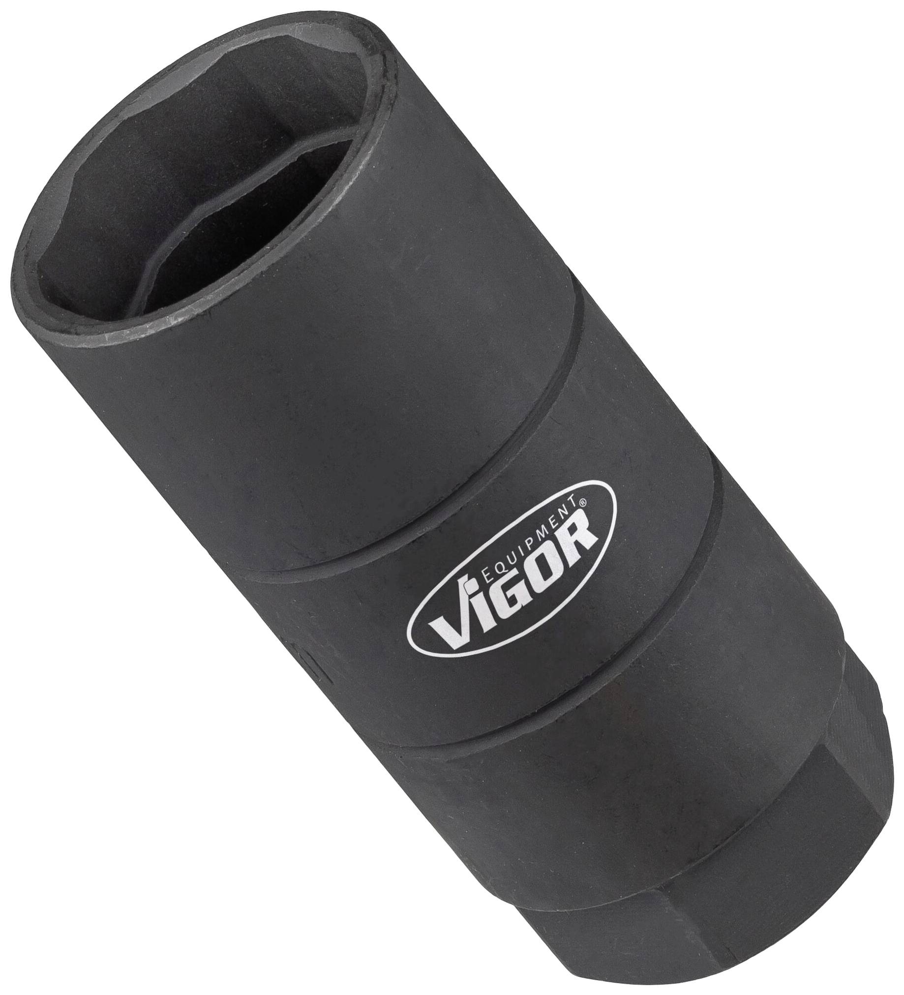 A black Vigor socket wrench attachment, lying on its side, with the 'Vigor' logo printed on it.