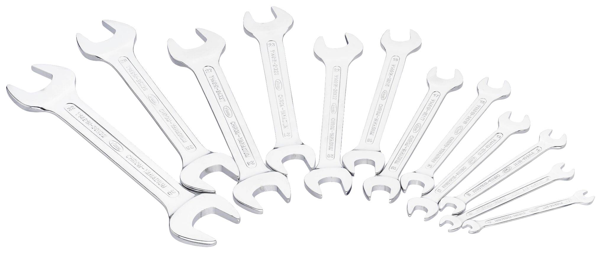 Twelve spanners in various sizes, from largest to smallest. Used for mechanical work and repairs.