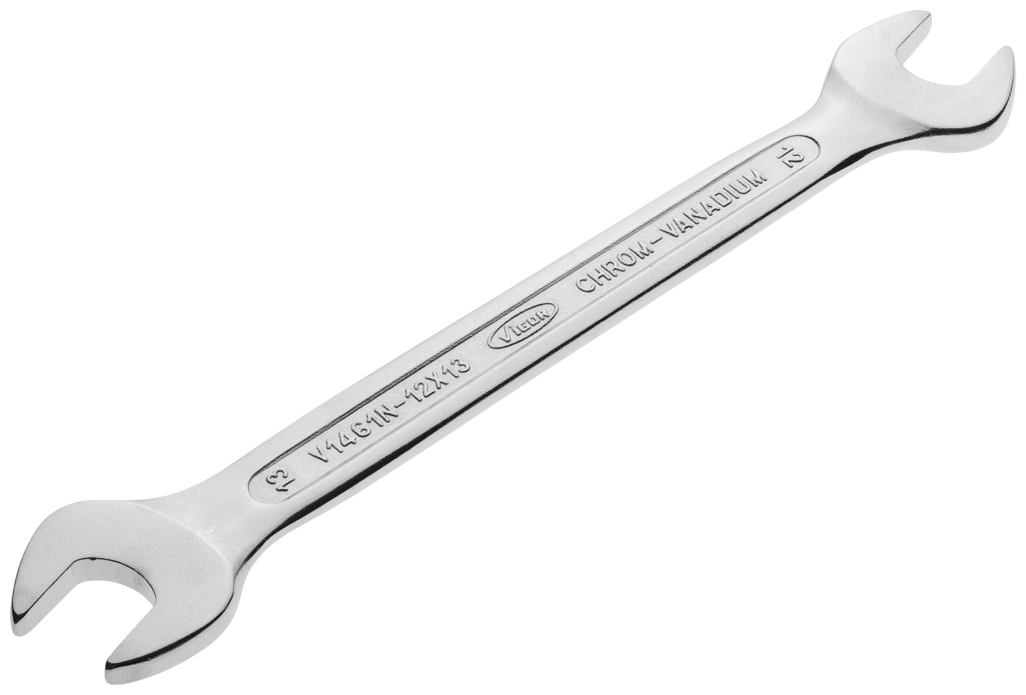 A silver double-ended spanner, one side larger than the other, stamped with the inscription 'Chrome Vanadium'.