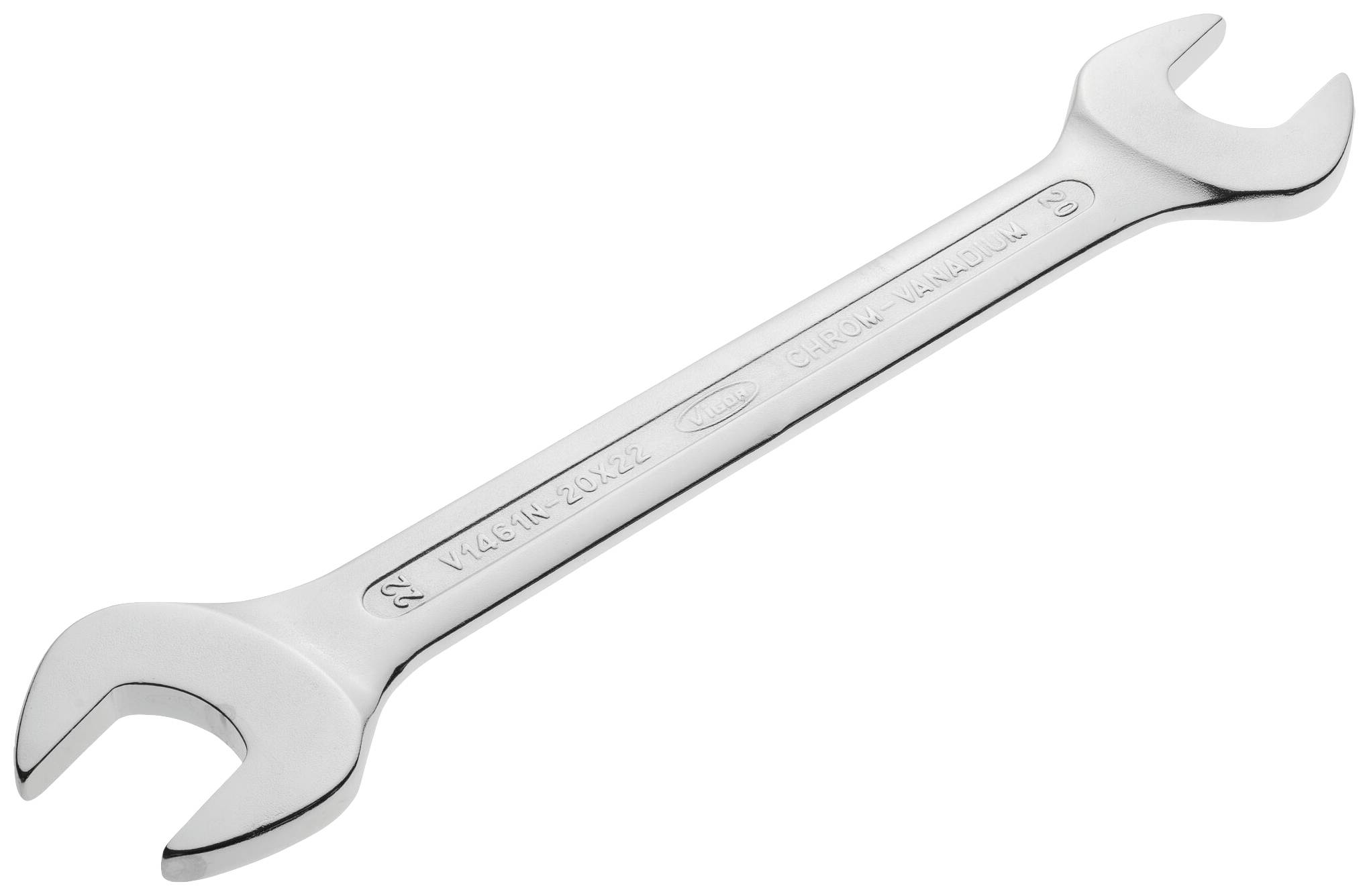 A silver double-ended spanner with two different jaw sizes; used for tightening or loosening screws and nuts.