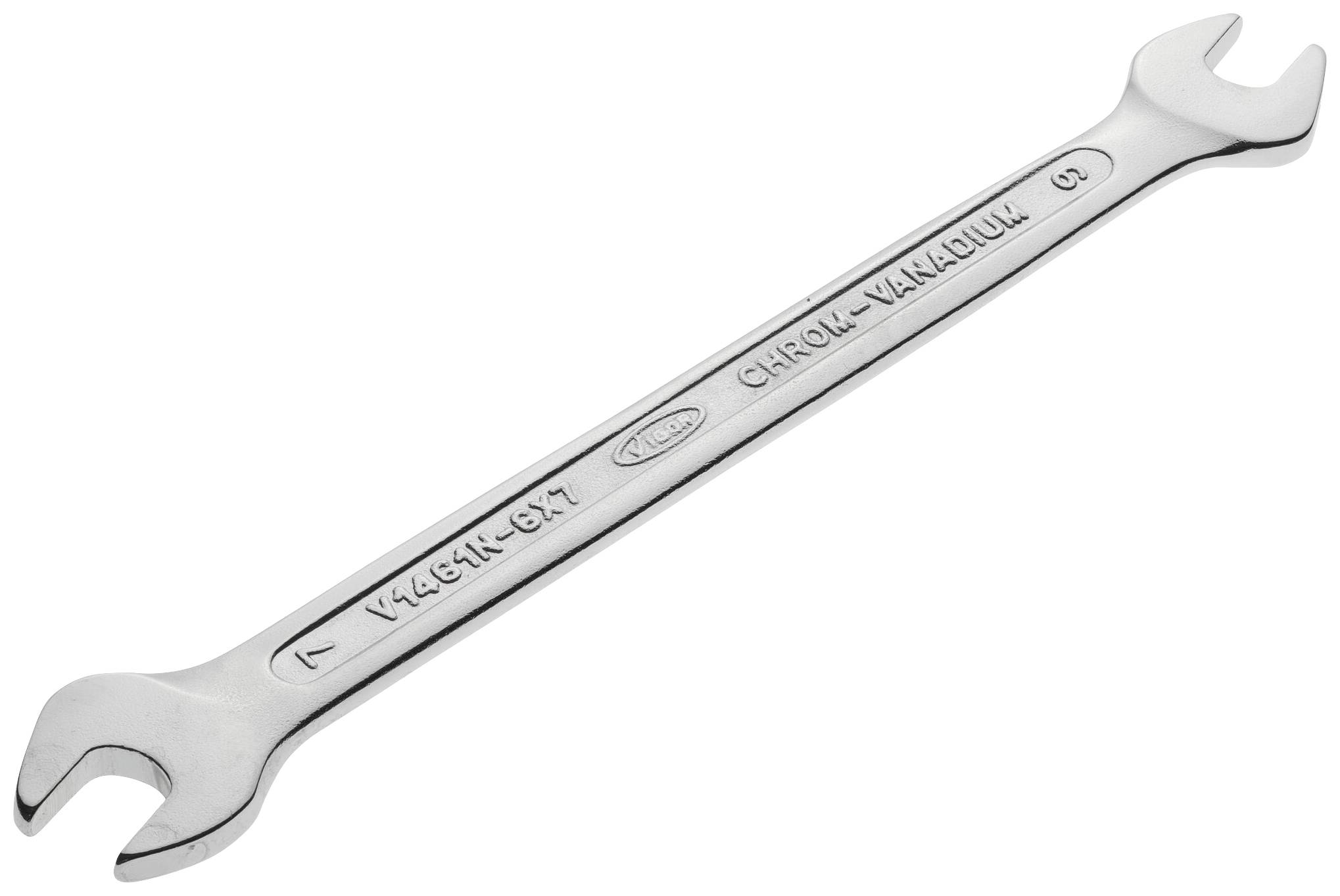 A silver-coloured spanner with two open ends and the inscription 'Chrome-Vanadium', lies on a white surface.