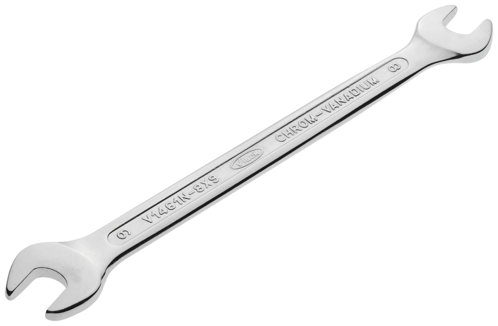 Chrome vanadium steel spanner with two differently sized jaw ends, suitable for various nut and bolt sizes.