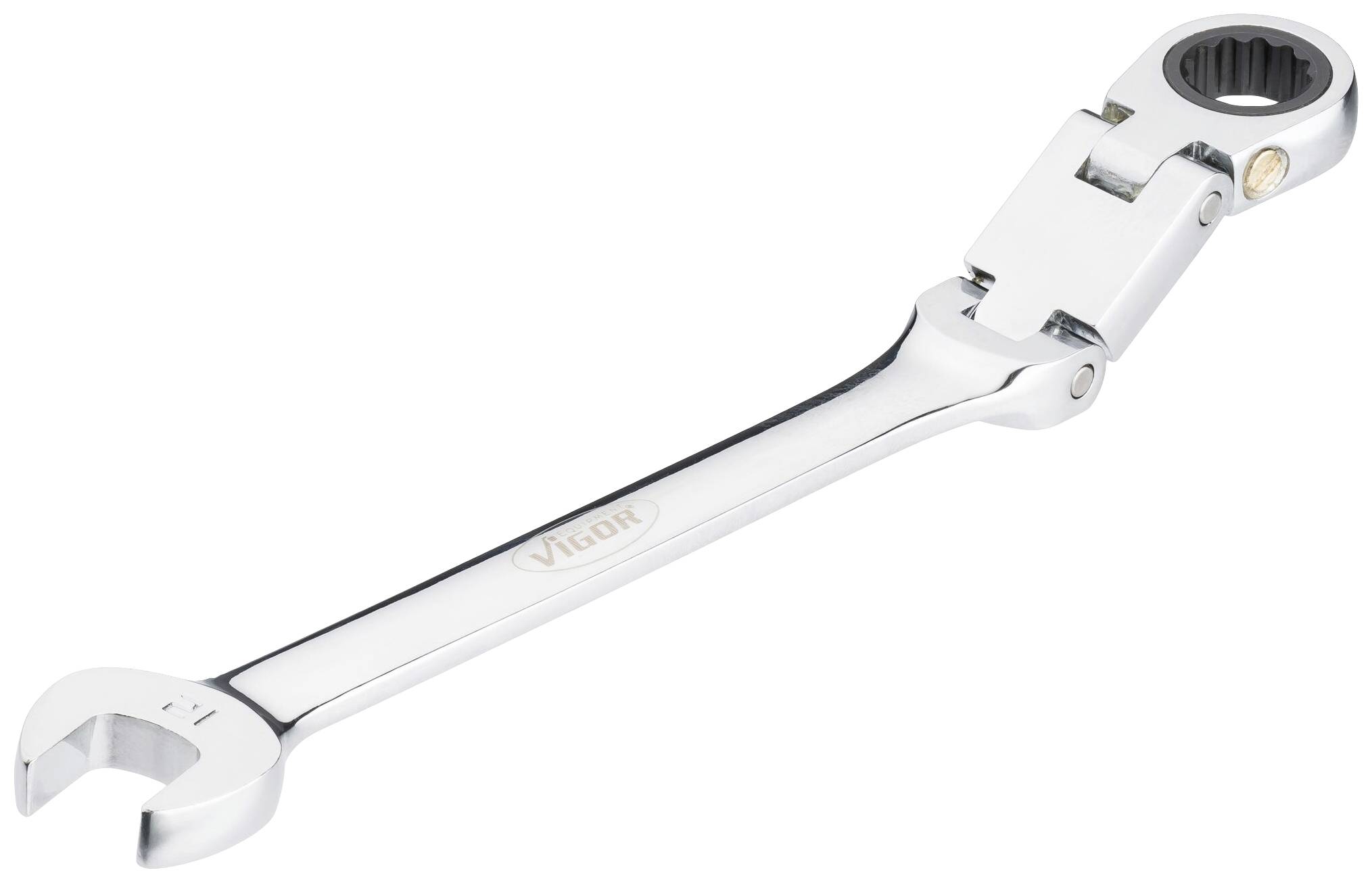 A gleaming ratchet spanner. The handle is marked with the brand name 'Vigor'.