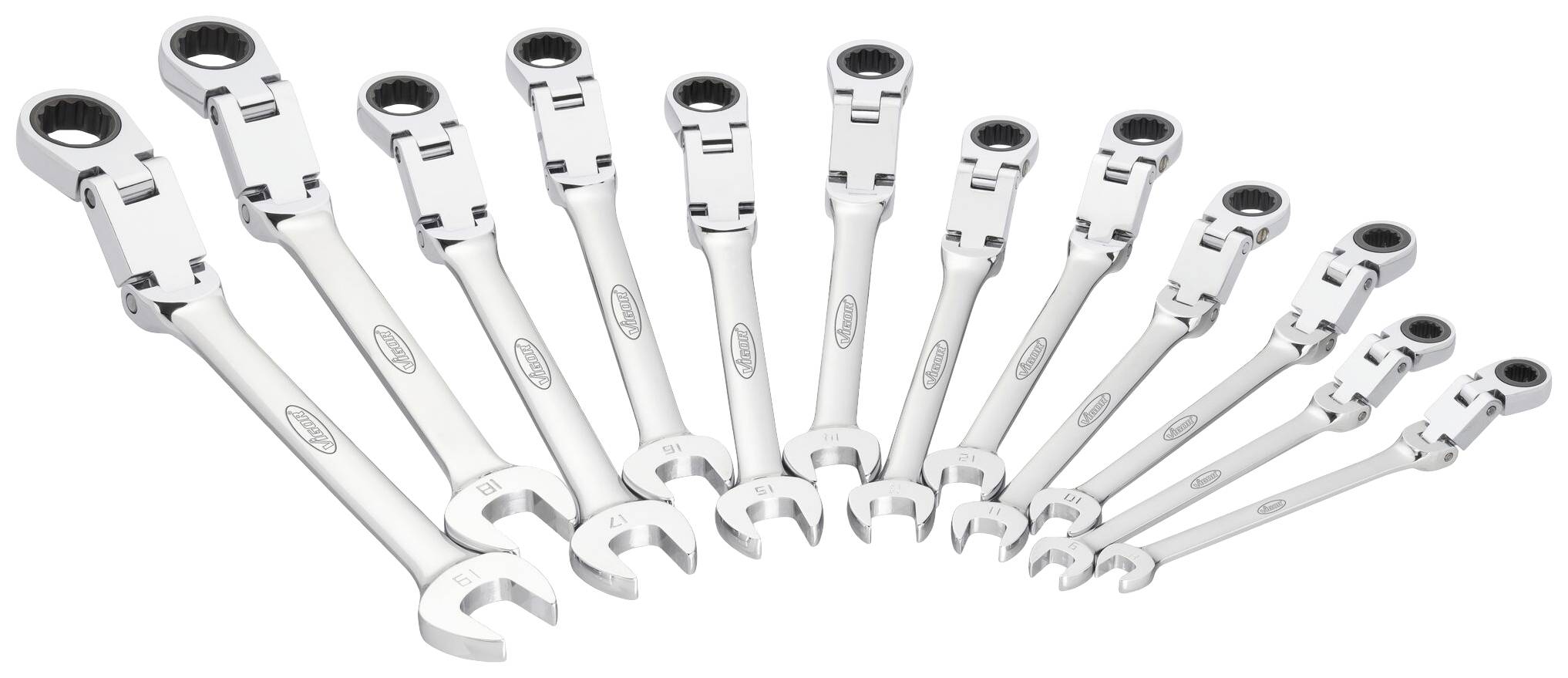 Set of eleven silver ratchet ring spanners in various sizes, arranged in a row.