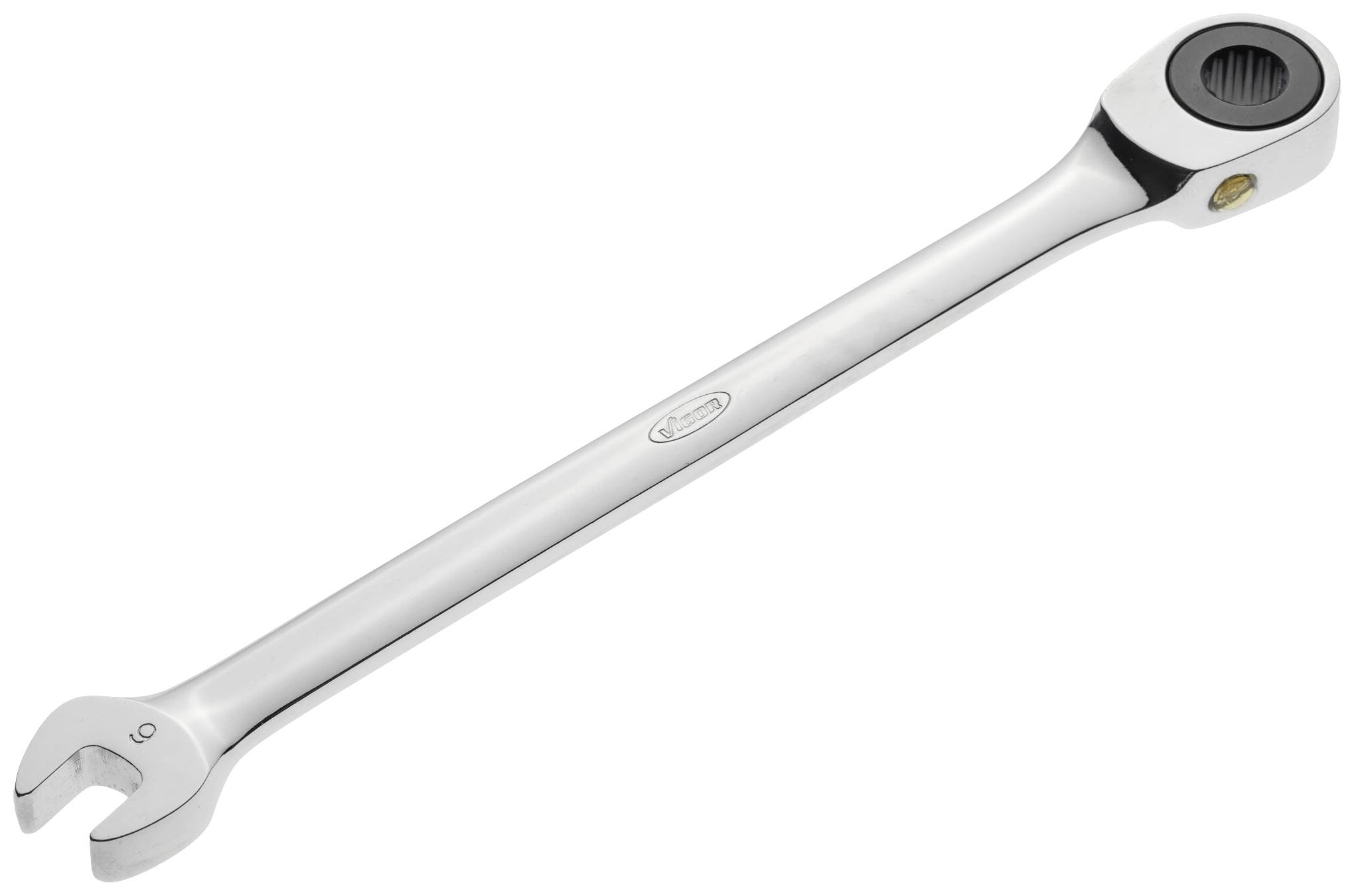 A silver ring spanner with a ratchet function and a closed jaw is lying on a white background.