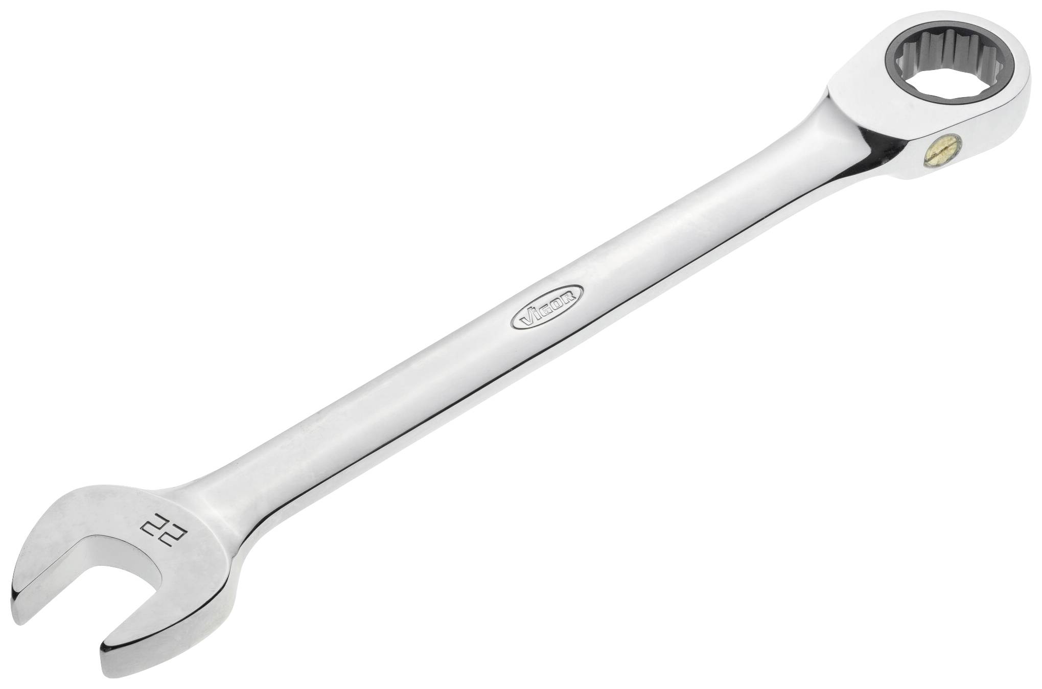 A silver spanner with an open-ended and ring-ended head, size 22, on a white background.