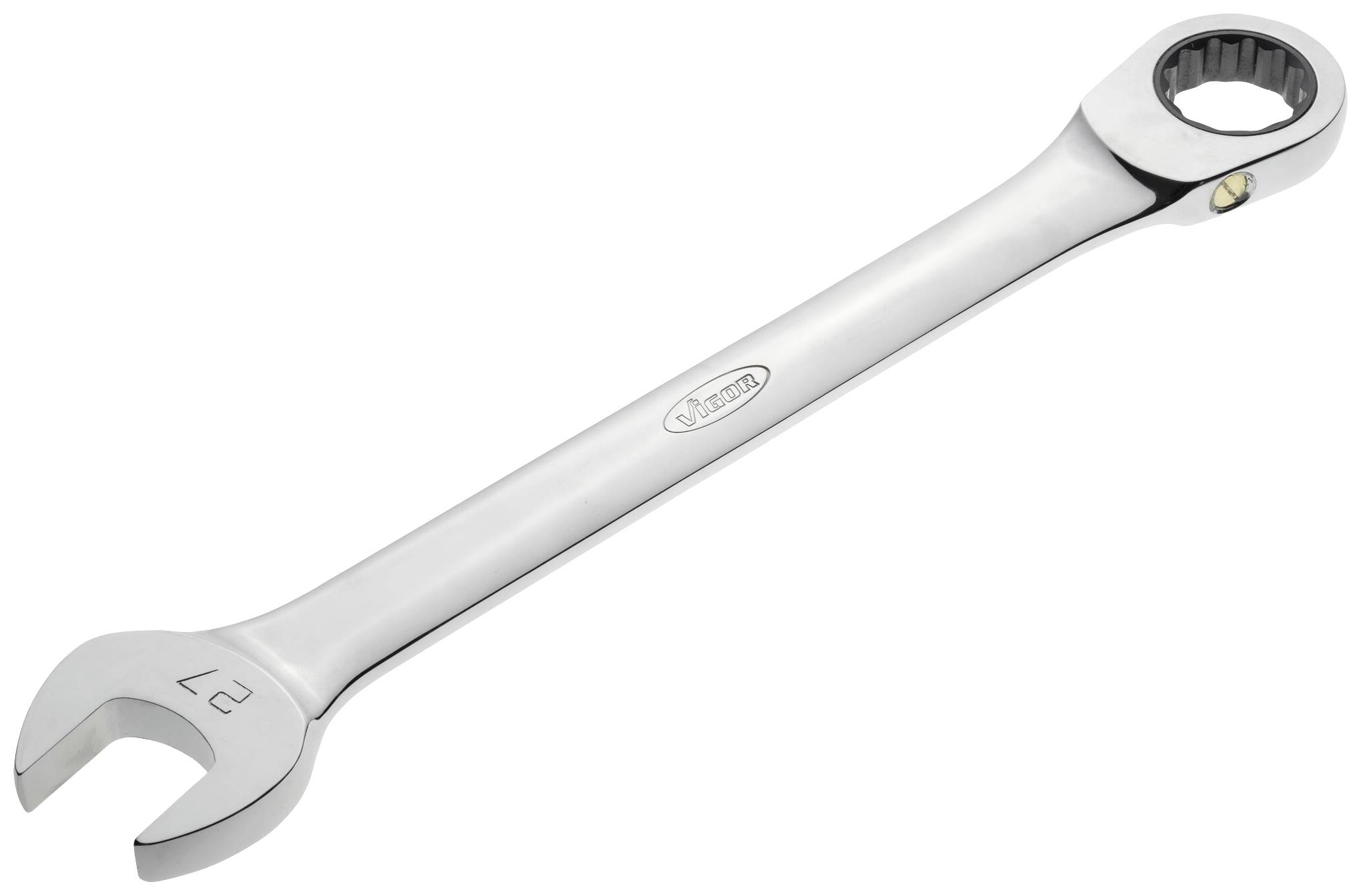A chrome-plated spanner with an open-ended jaw at one end and a ring spanner at the other end, size 27 marked.