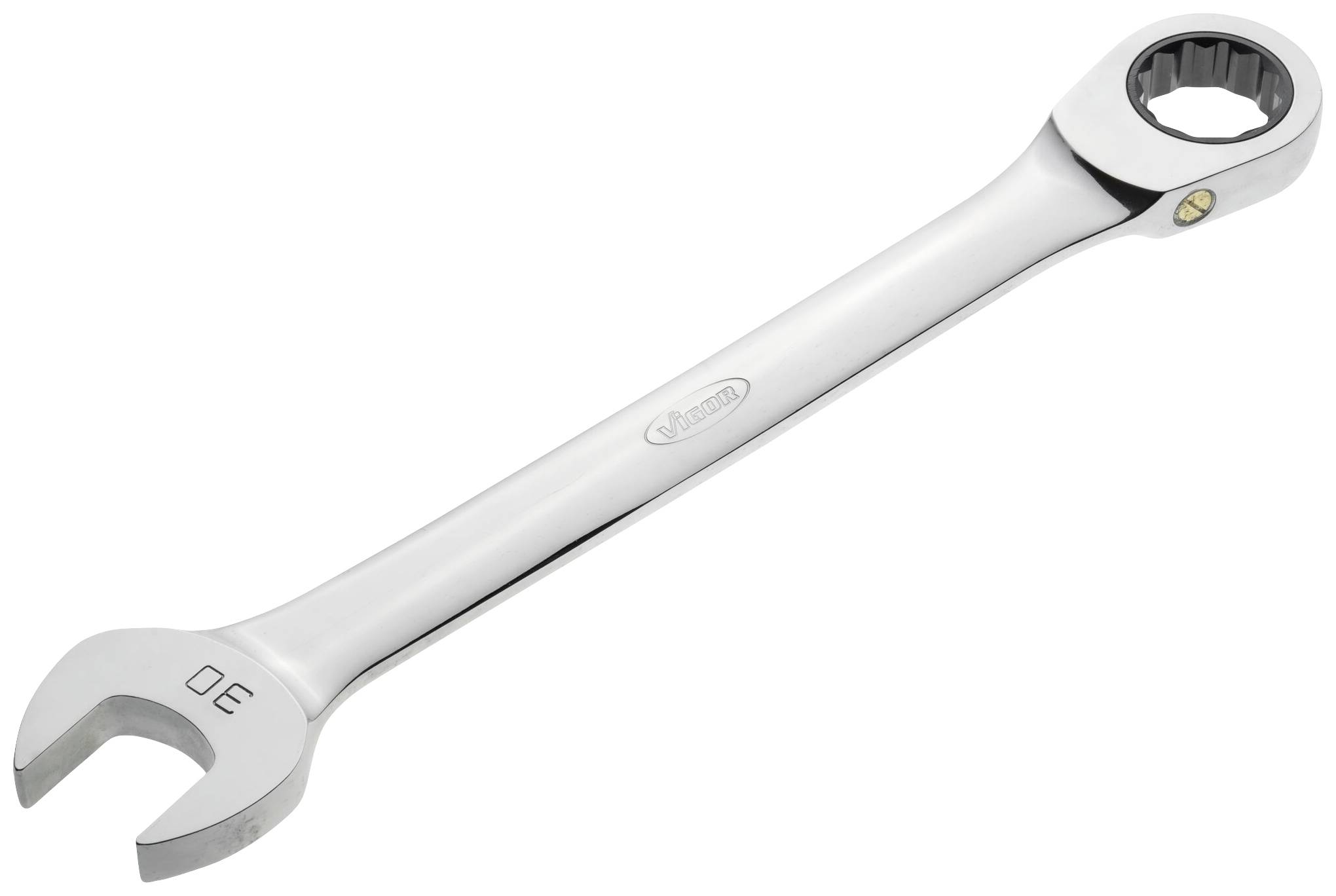 A silver spanner with an open and ring-ended design, suitable for the size marking '30'.