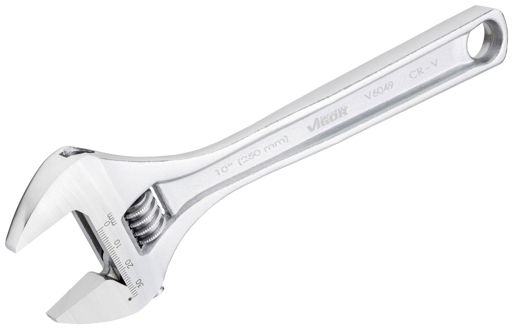 Adjustable metal spanner, ideal for various screw sizes. Silver-coloured, 250 mm long, with scale.