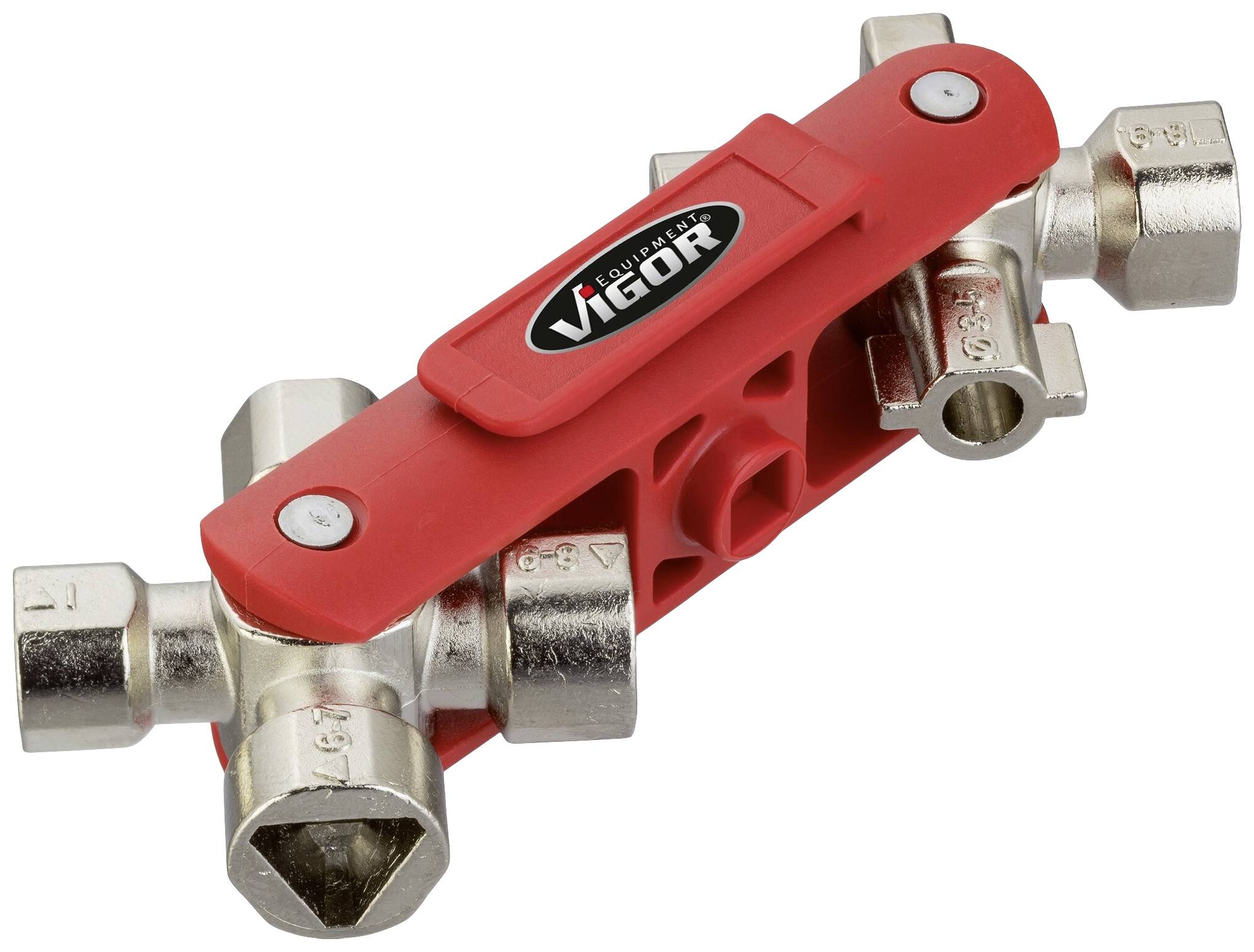 Red multi-tool with 'VIGOR' inscription. Contains various socket keys for technical applications.