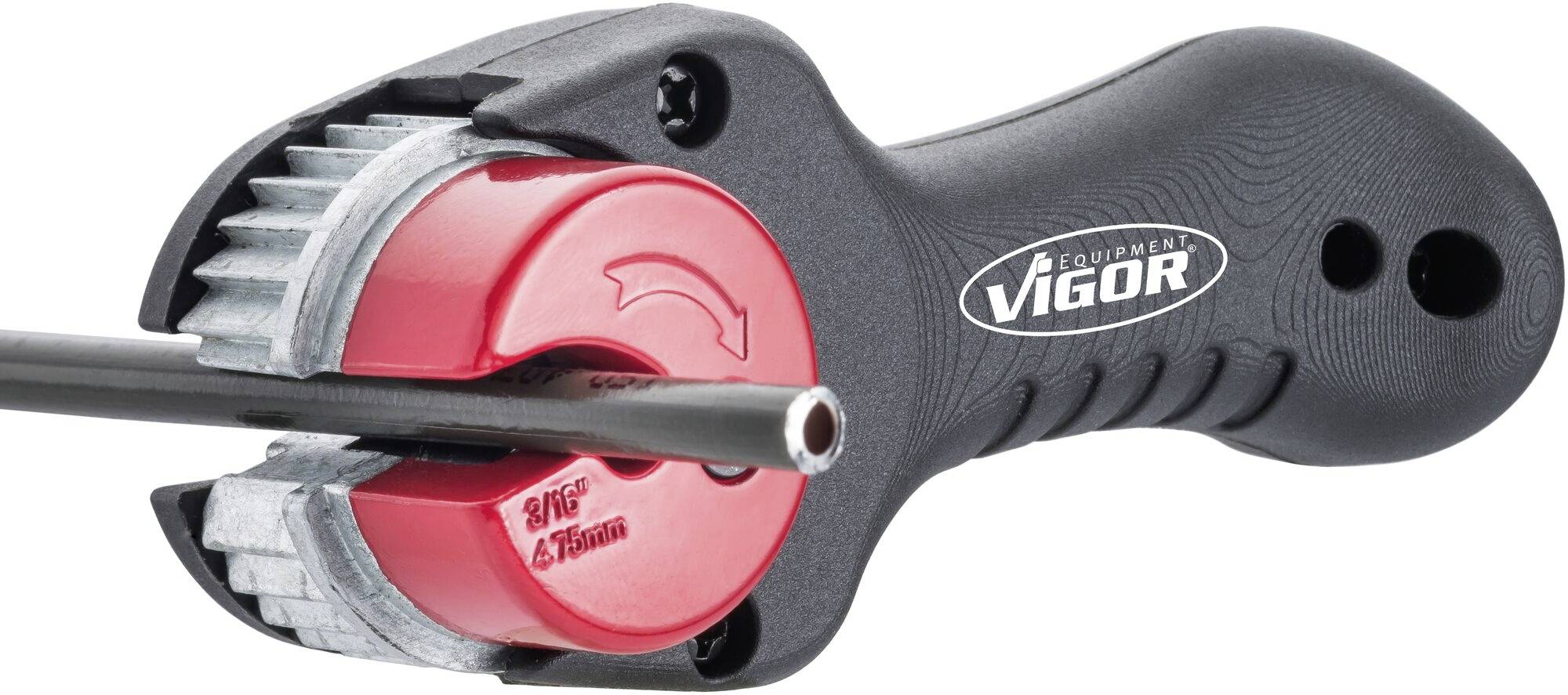 Compact pipe cutter by Vigor with a red cutting wheel, suitable for pipes with 3-35 mm diameter. Ergonomic handle.