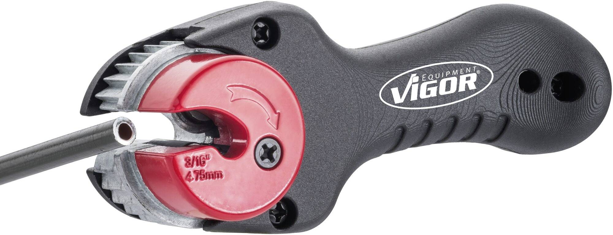Handheld pipe cutting device with a red cutting mechanism and black handle, with the brand name 'VIGOR' visible.