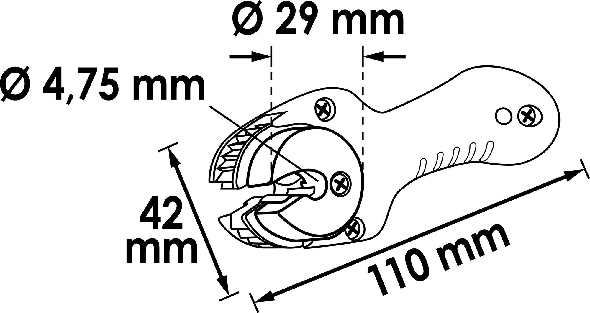 Technical drawing of a tool with the following dimensions: length 110 mm, diameter 4.75 mm and 29 mm, height 42 mm.