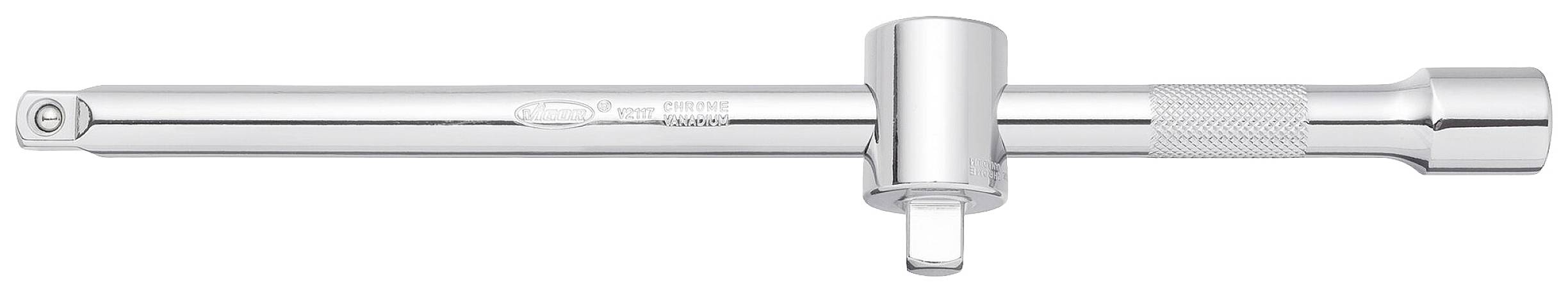 A chrome-plated extension handle with a ratchet function for socket wrenches. Used for tightening or loosening threaded connections.