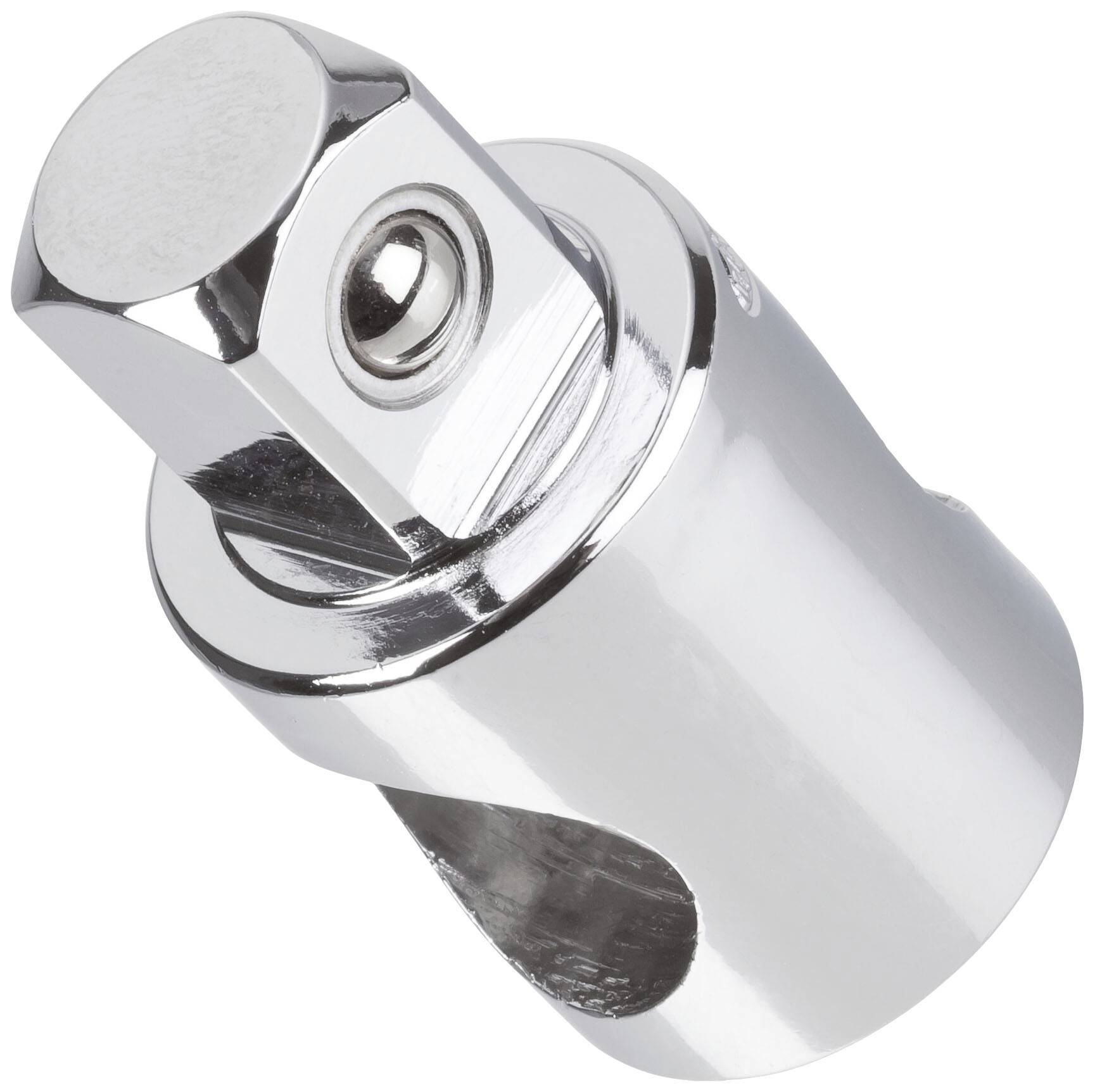 A metallic chrome-finish socket key adapter lies on a white background. It is used for connecting various screwing tools.