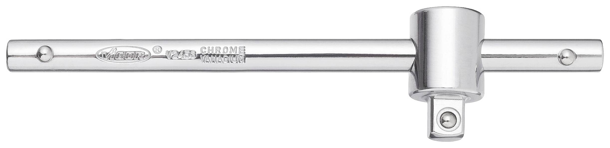 A silver-coloured T-handle torque wrench with a cylindrical head designed for attaching socket attachments.