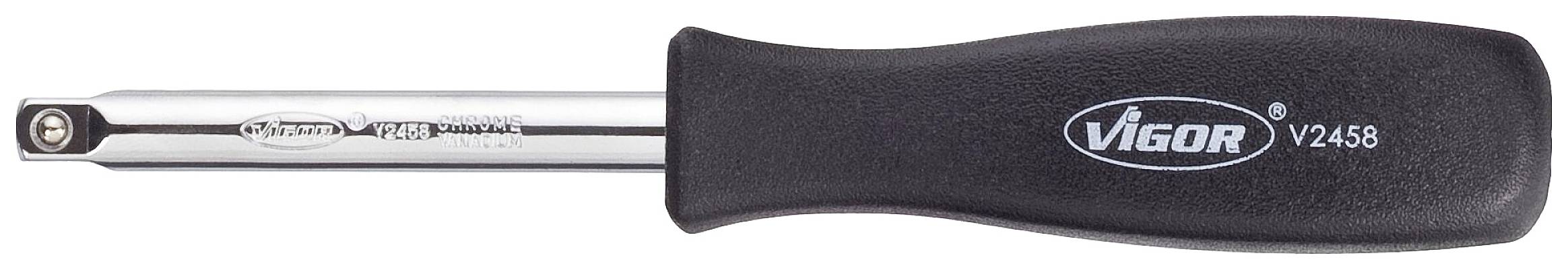 A socket adapter with a black handle and silver metal rod, marked 'Vigor V2458', specifically designed for tool applications.