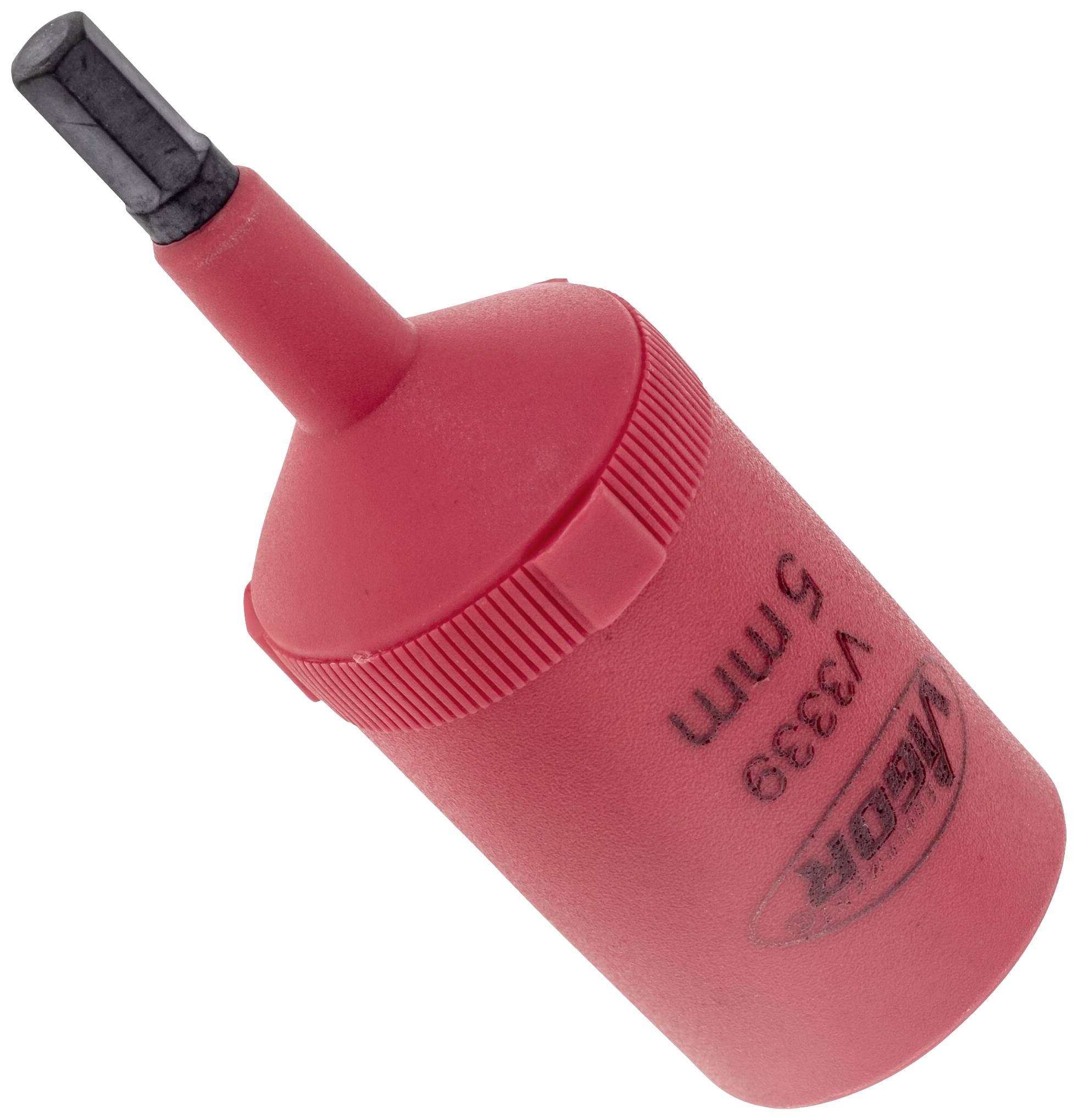 Red insulating component with metal pin, marked '5 mm'. Tool for electrical installation.