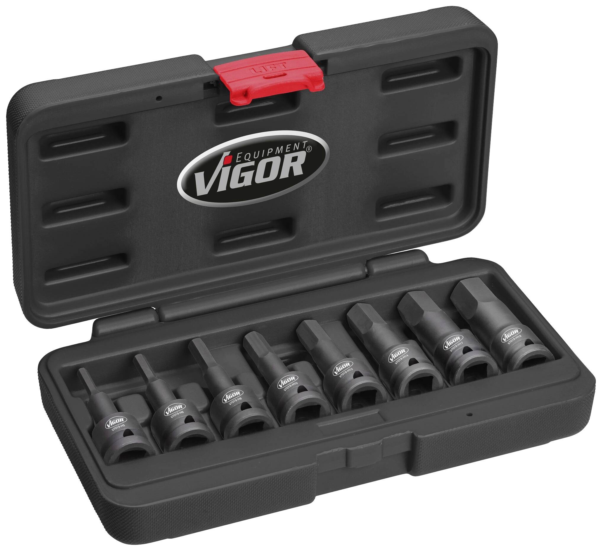 An opened tool case with six Allen keys of varying sizes, marked internally with 'Vigor Equipment'.