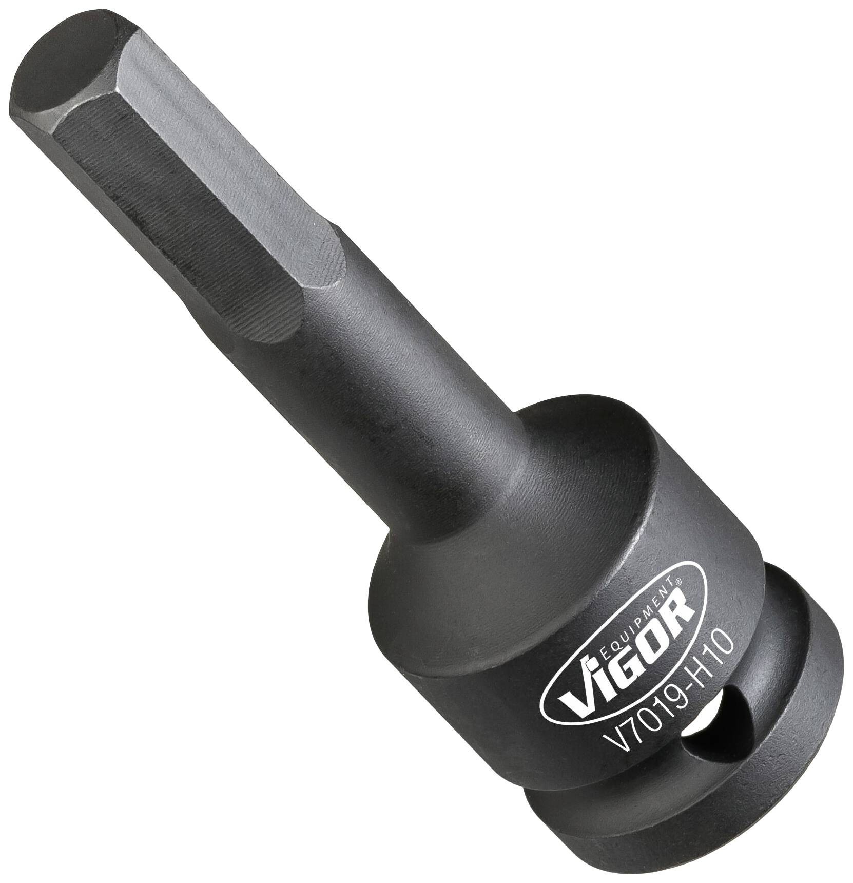 A black bit attachment with a hexagonal tip, bearing the inscription 'Vigor V7019-H10'. Suitable for screw-related work.
