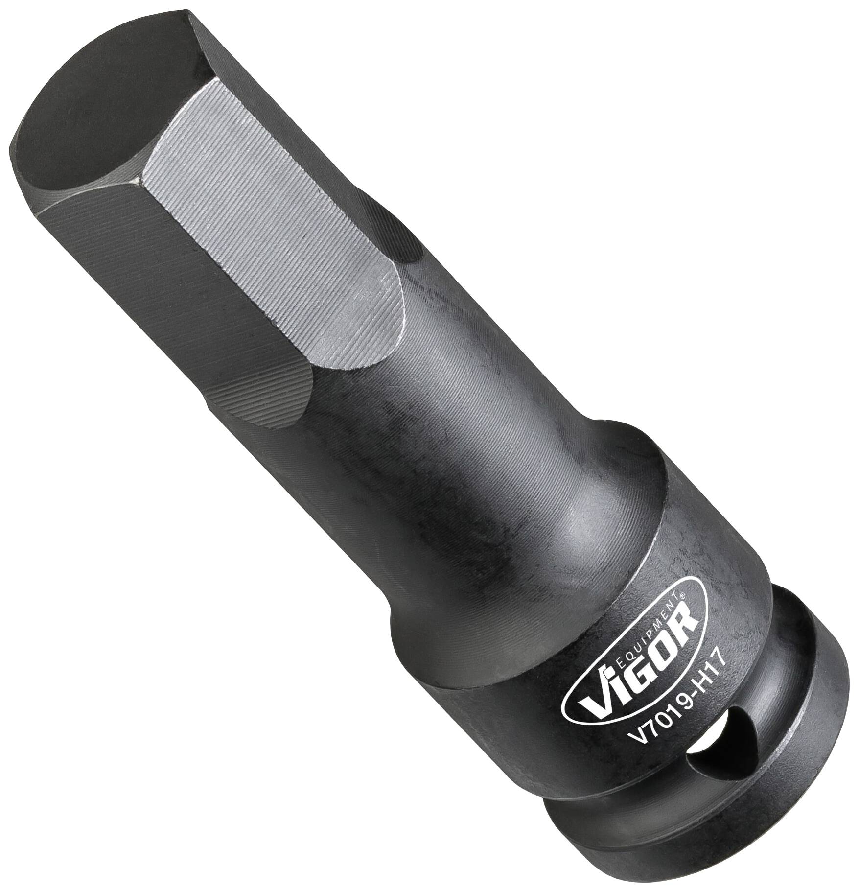 A black, cylindrical socket nut with a hexagonal end and inscription 'Vigor V7019-HT17', used for specific screw connections.