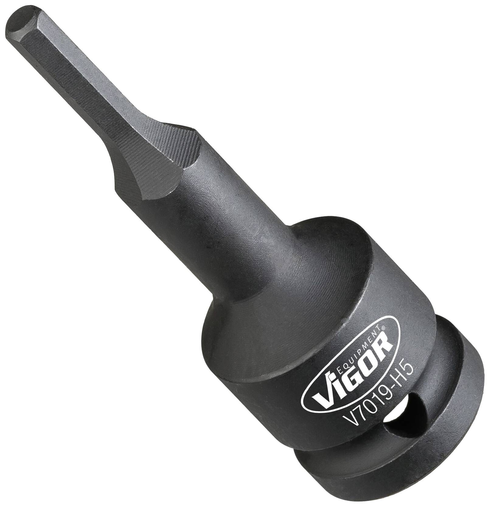 Black nut bit with hexagonal shaft and rounded end, marked 'VIGOR V7019-H5'. Suitable for loosening or tightening screws.