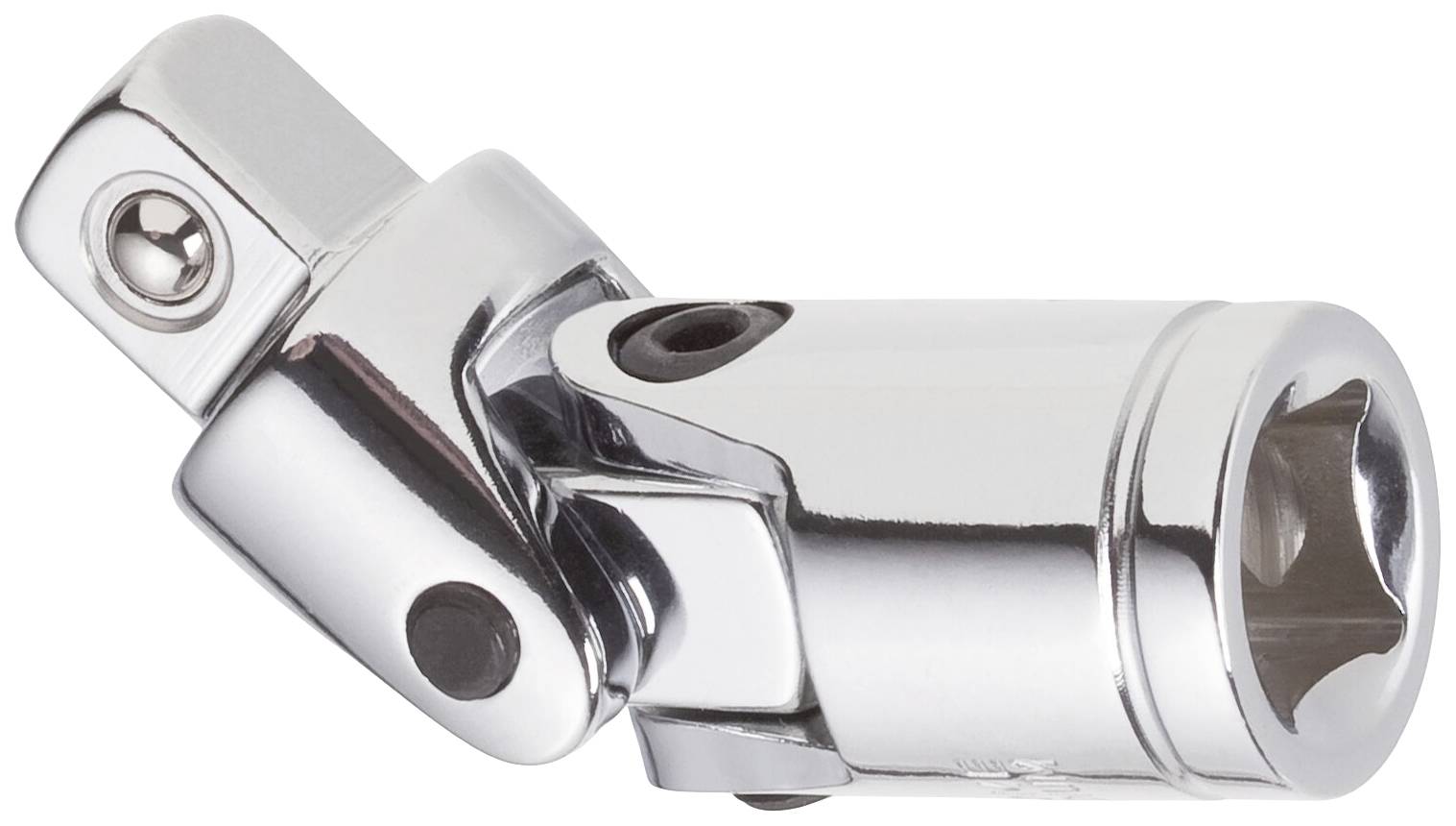 A chrome-plated universal joint adapter used for connecting socket attachments at a flexible angle.