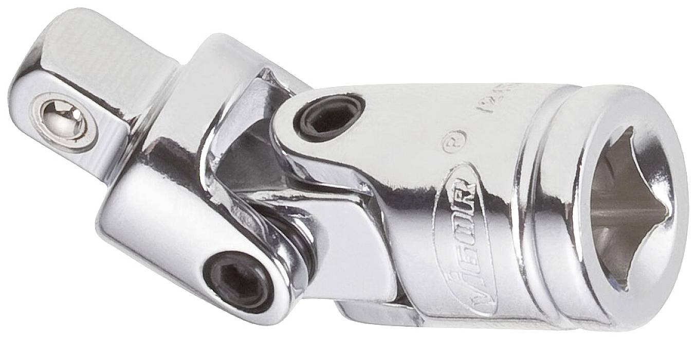 A chrome-plated articulated joint for socket wrenches with a screw connection that enables flexibility in tool usage.
