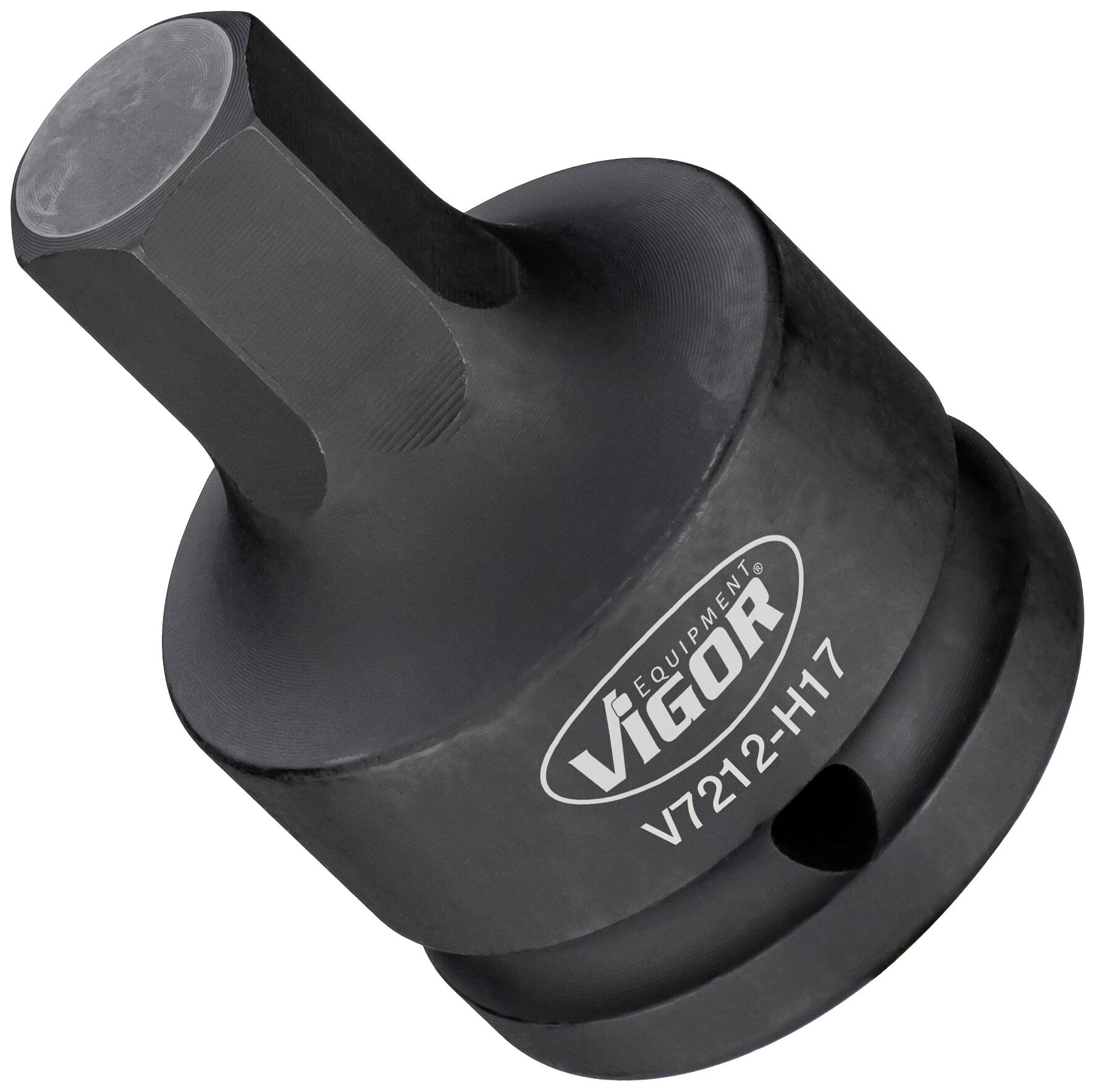 Adaptor for socket key systems, hexagonal, made of black metal, with the marking 'Vigor V7212-H17' on the side.