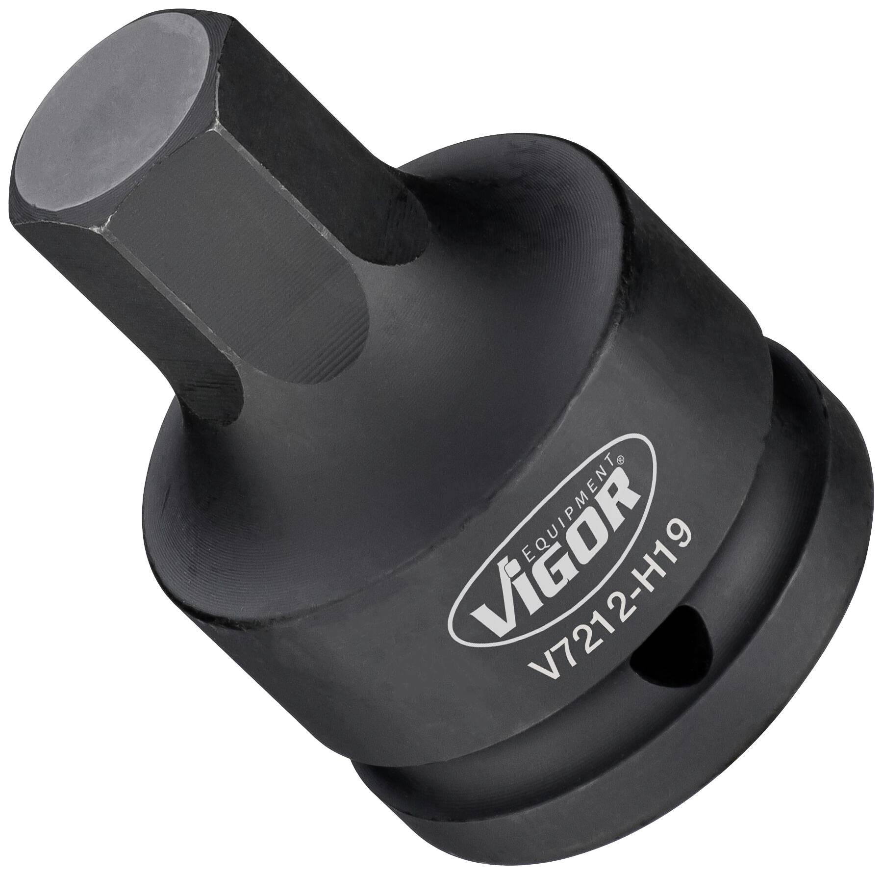 Black metal adapter with hexagonal fitting, marked with 'Vigor V7212-H19'.