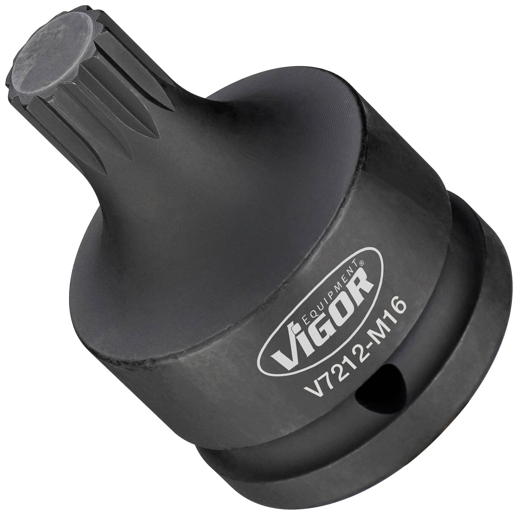A black bit insert by Vigor, model number V7212-M16, specifically designed for the assembly or disassembly of screws.
