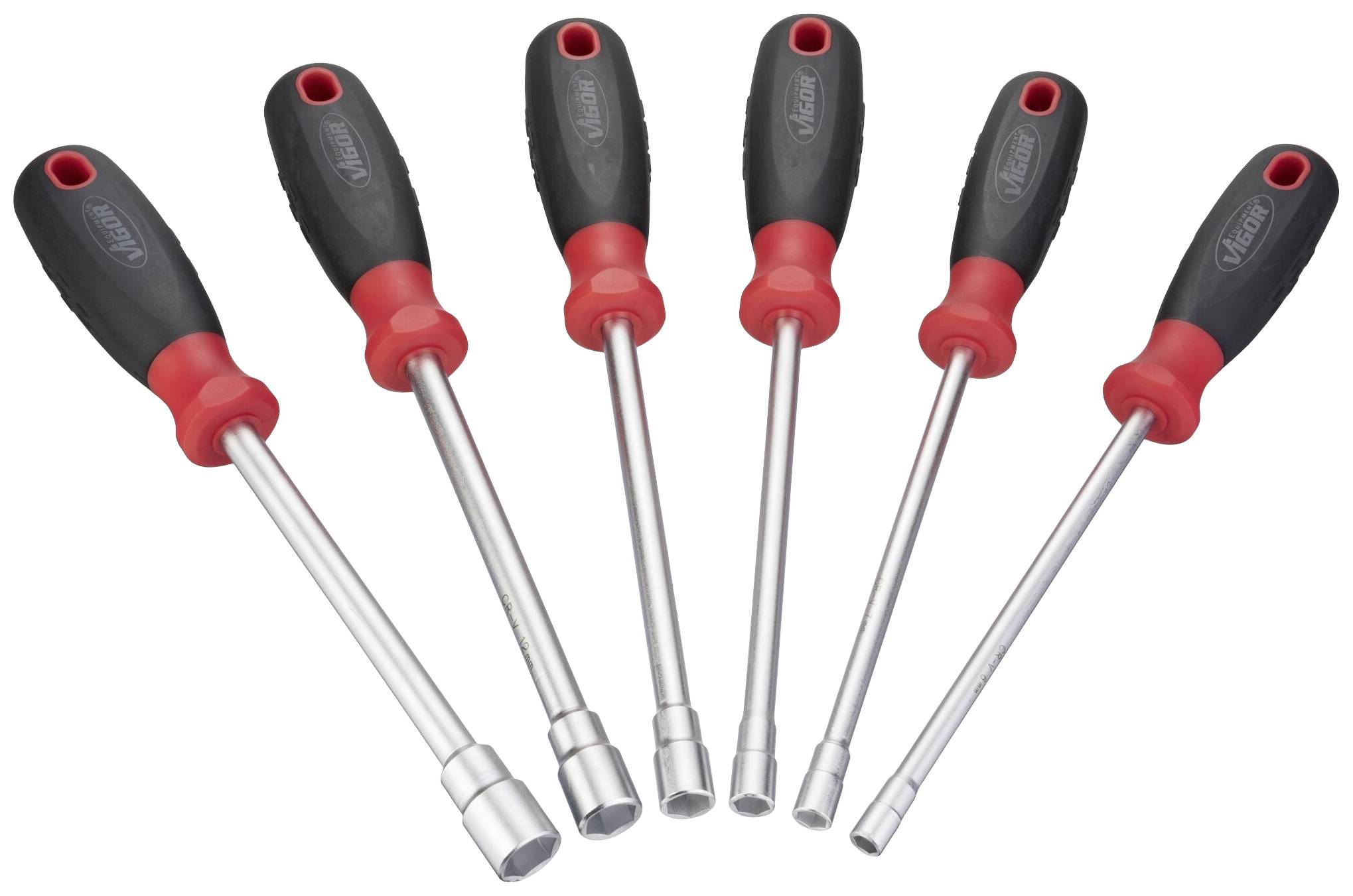 Six spanners with red and black handles, arranged in a row. Ideal for various screw-related tasks.